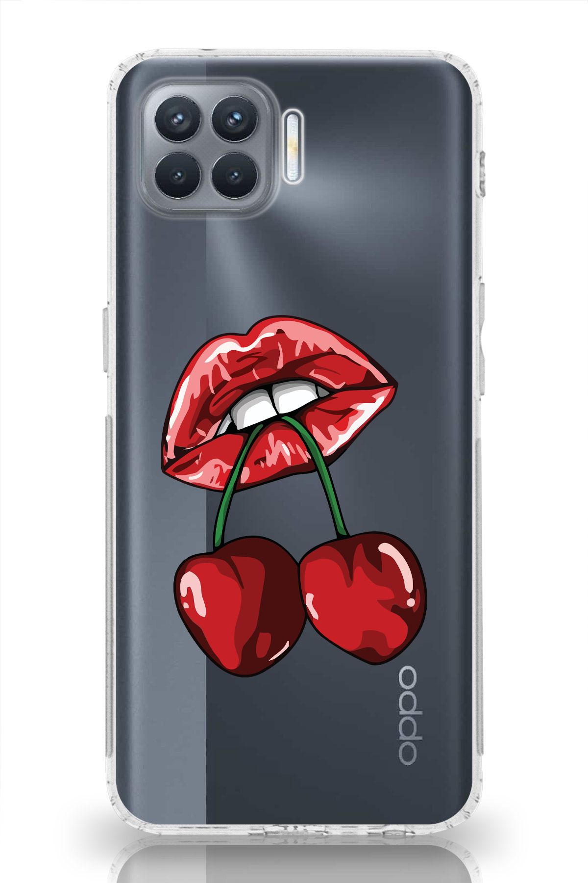 moonset Oppo Reno 4 Lite Uyumlu Dudak ve Kiraz Tasarımlı Baskılı Şeffaf Telefon Kılıfı