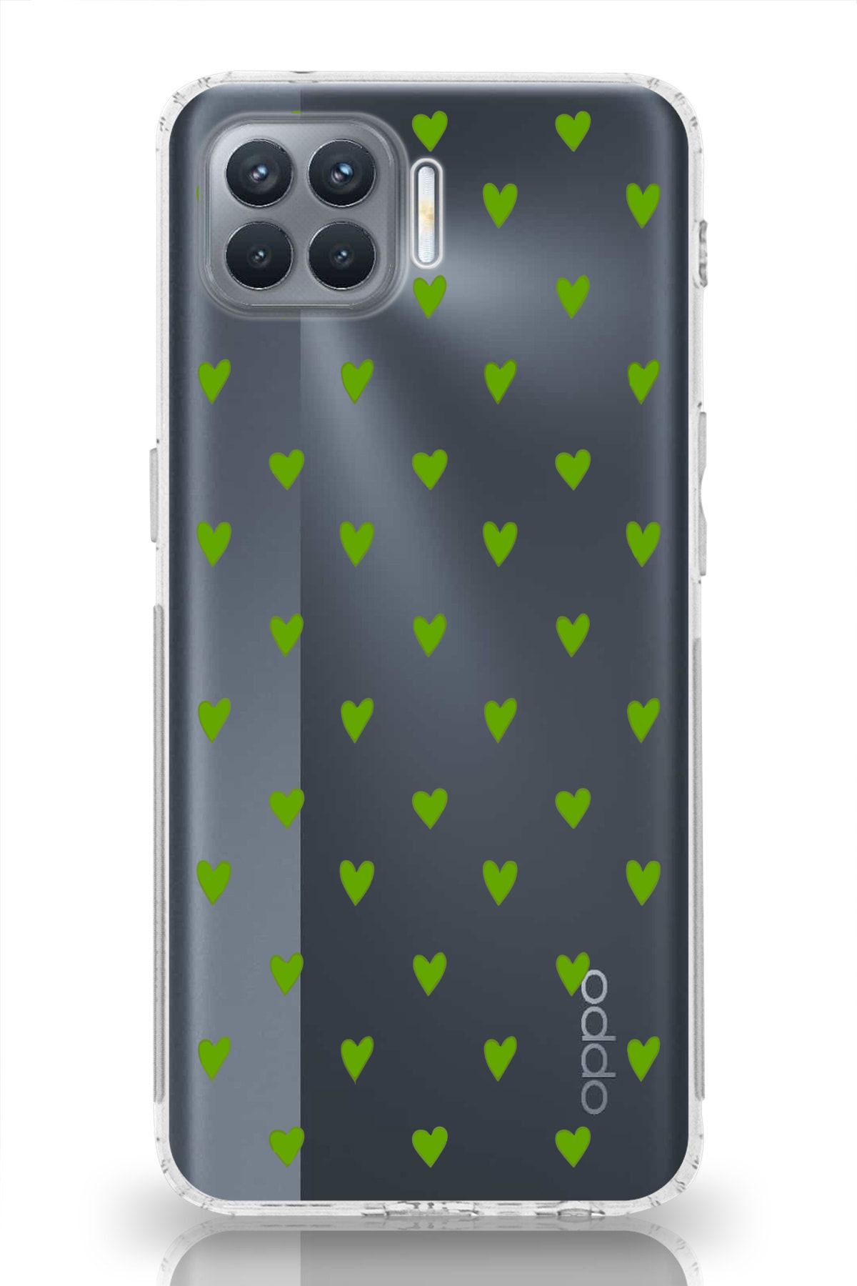 moonset Oppo Reno 4 Lite Uyumlu Yeşil Kalpler Tasarımlı Baskılı Şeffaf Telefon Kılıfı