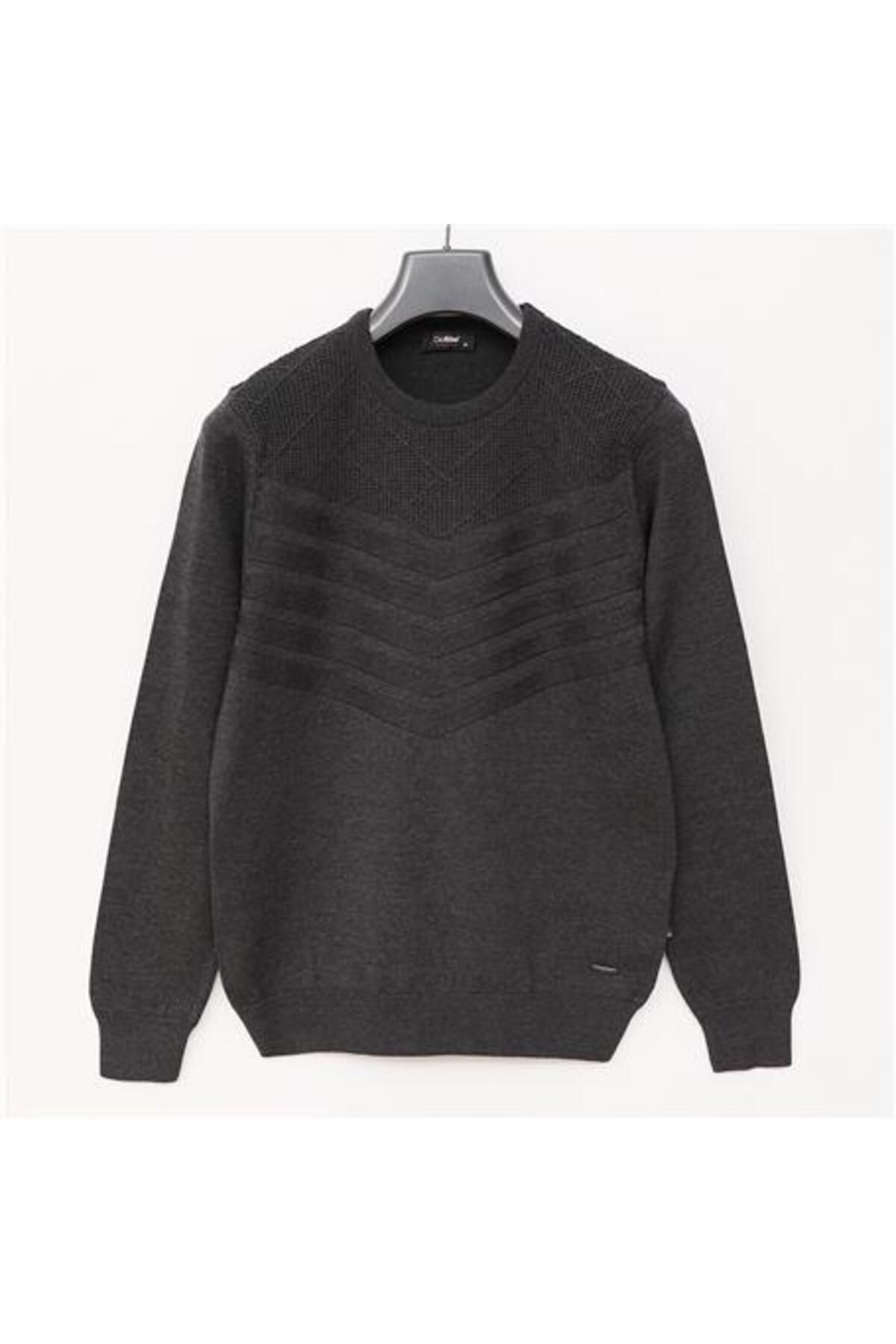 Shop58 Erkek Bisiklet Yaka Önü Dokulu Standart Fit Pamuklu Triko Kazak - 180967 - Antrasit