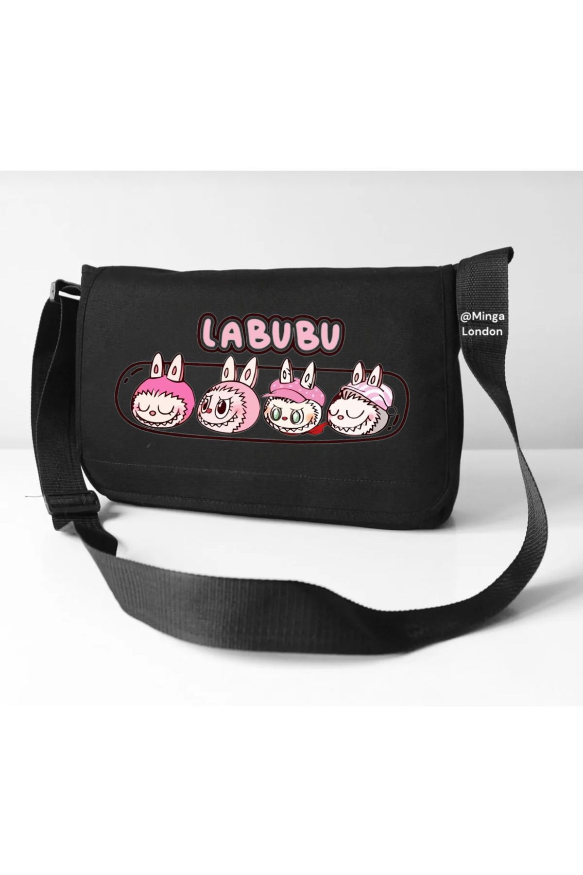 Minga London Siyah Pink Labubu Baskılı Okul , Kurs , Dershane Postacı Çantası -Mingalondon