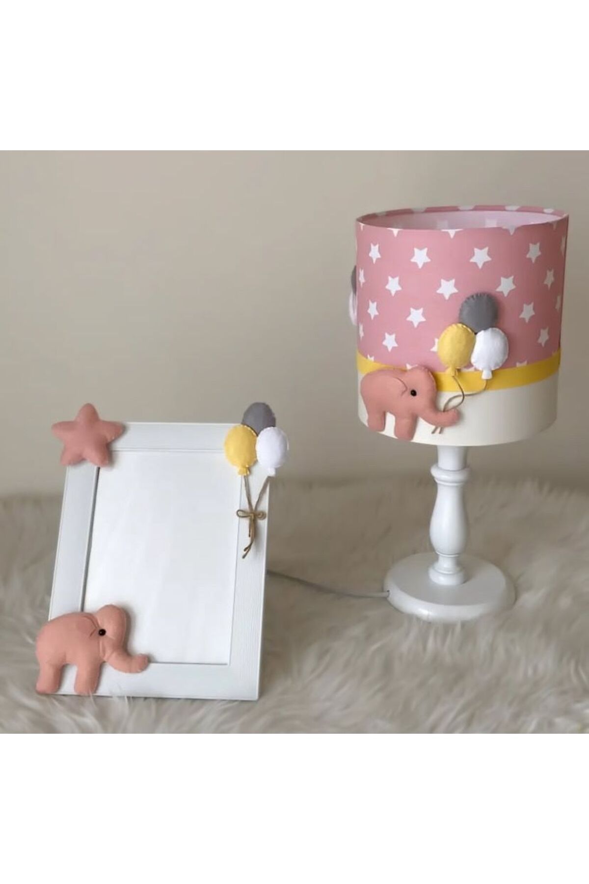 Leobabyroom Pudra Yıldız Desenli Fil Figürlü Sarı Gri Beyaz Balonlu Tasarım Abajur Masa Lambası Çerçeve Set