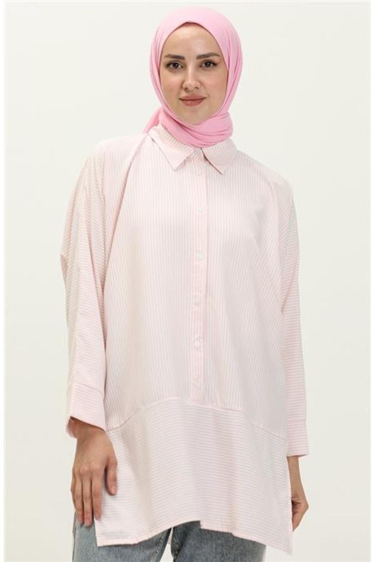 Shop58 Yırtmaç Detaylı Uzun Kollu Sade Basic Gömlek - 70042 - Somon