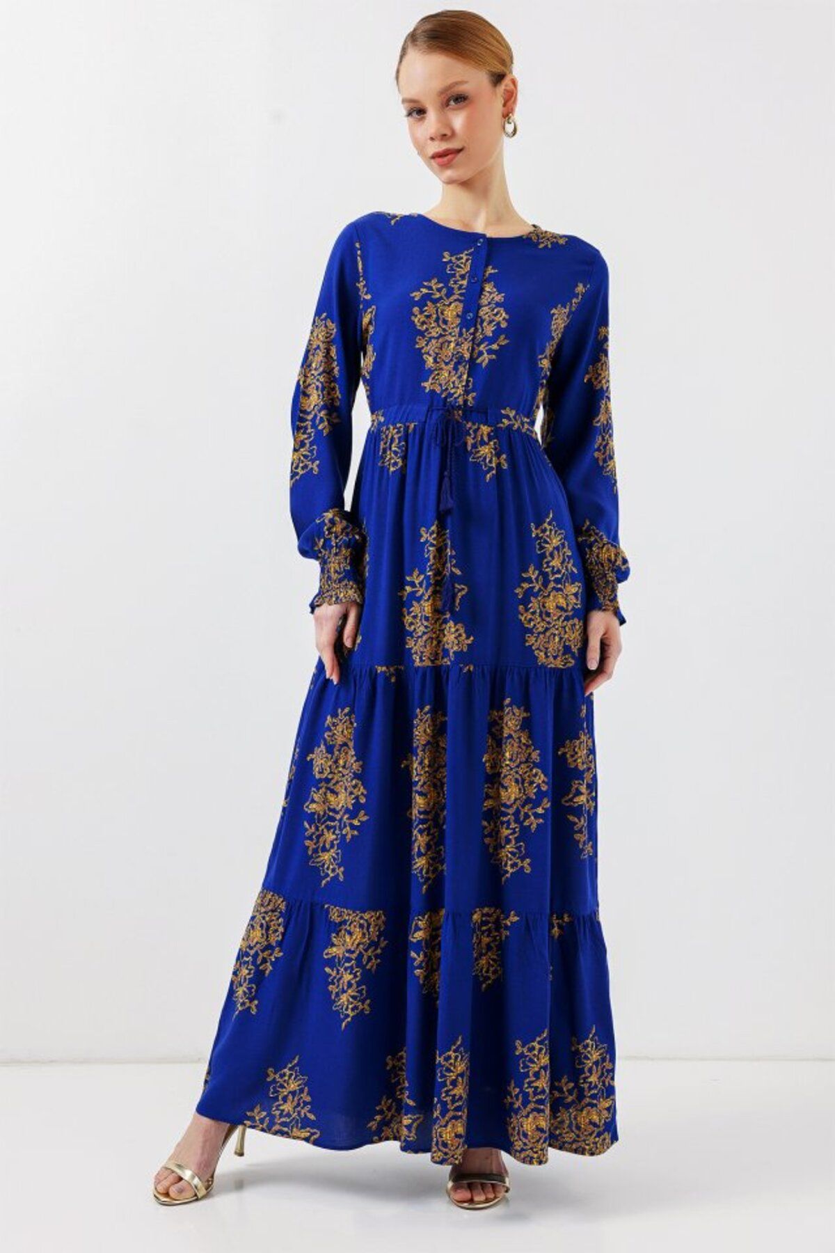 novafems 2145 Desenli Tesettür Elbise - Saks