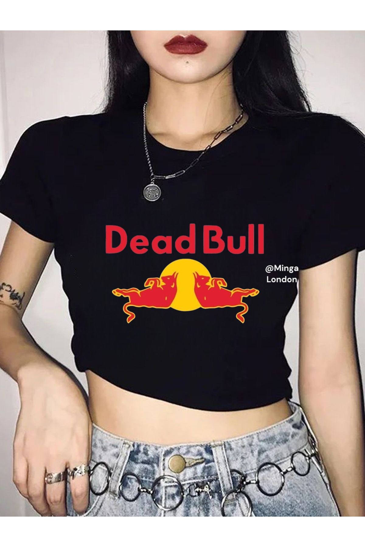 Minga London Siyah Dead Bull Baskılı Crop Top -Mingalondon