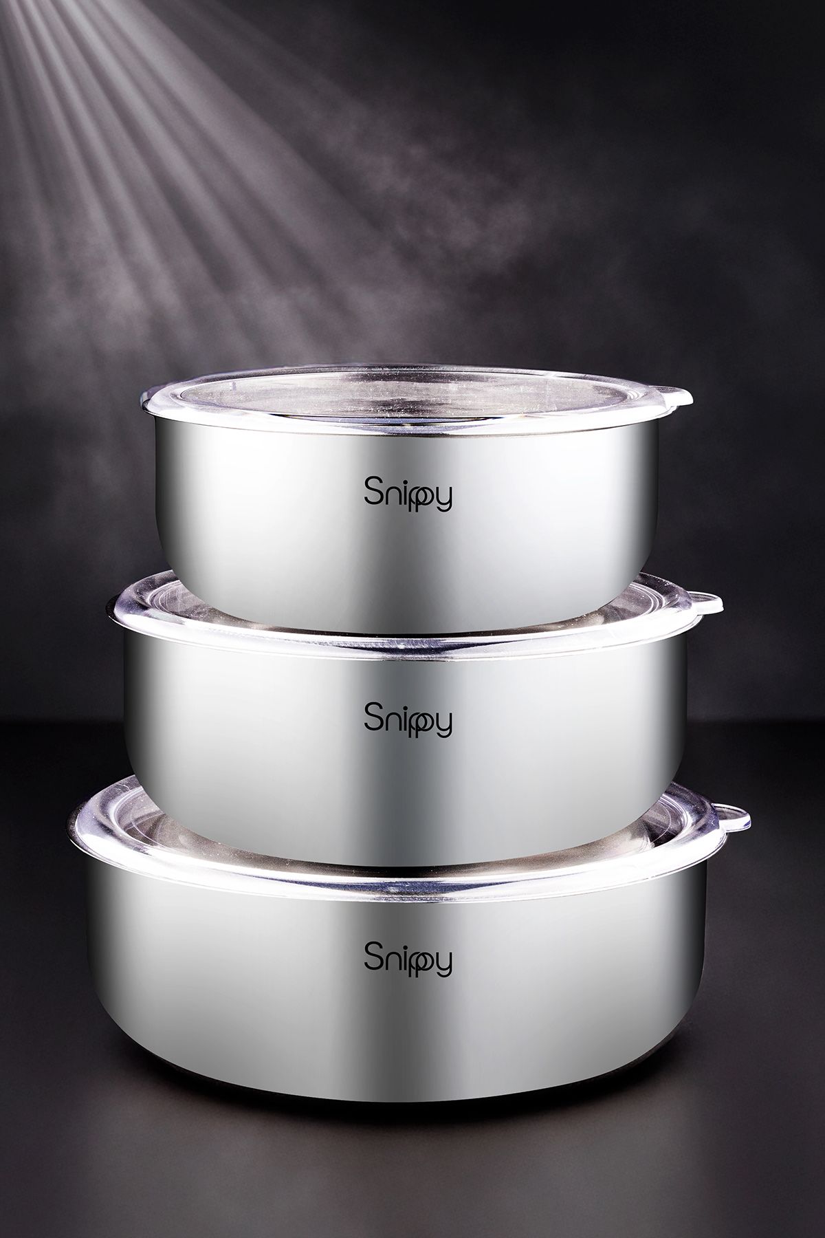 Snippy Inoxa - Paslanmaz Çelik 3'lü Saklama Kabı (16-18-20 Cm) 6 Parça 304 Çelik