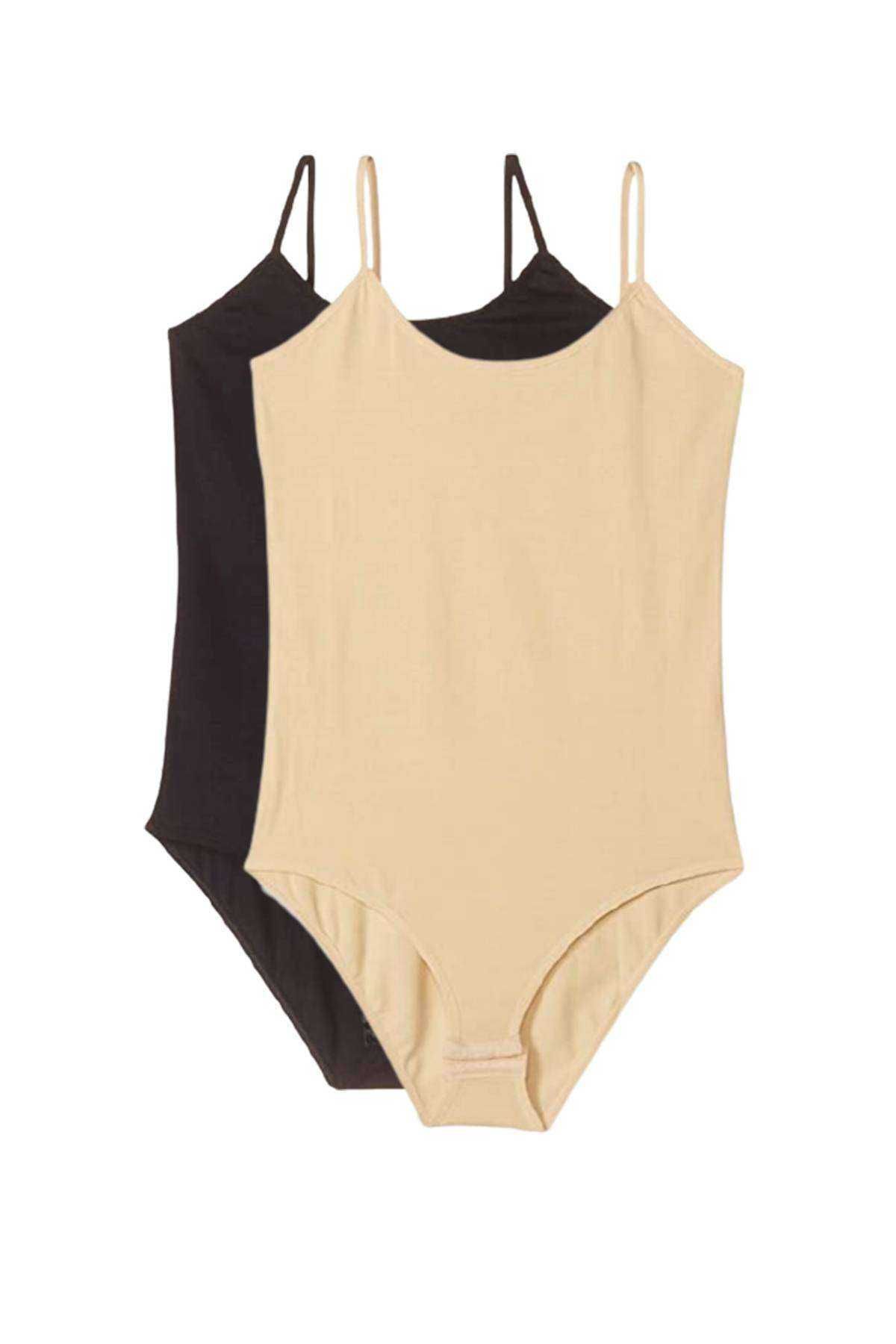 Shop58 2 Adet İp Askılı Kadın Çıtçıtlı Body Siyah ve Ten