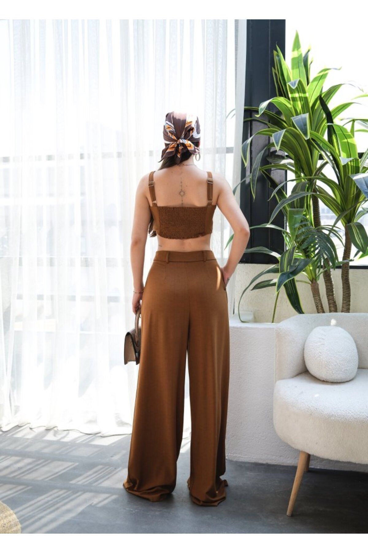 modaserdem-Linen Gimped Crop and Trousers Double Set 2