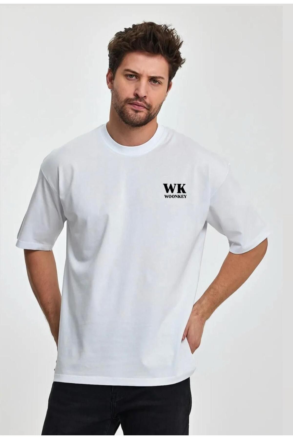 woonkey ERKEK OVERSİZE WK WOONKEYBASKILI BİSİKLET YAKA TİŞÖRT RAHAT KALIP