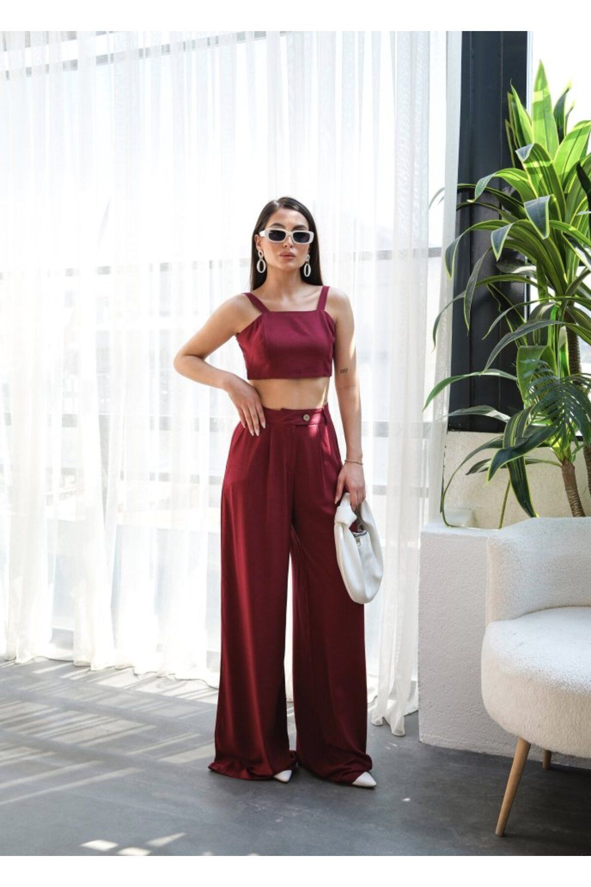 novafems Keten Gipeli Crop Ve Pantolon İkili Takim