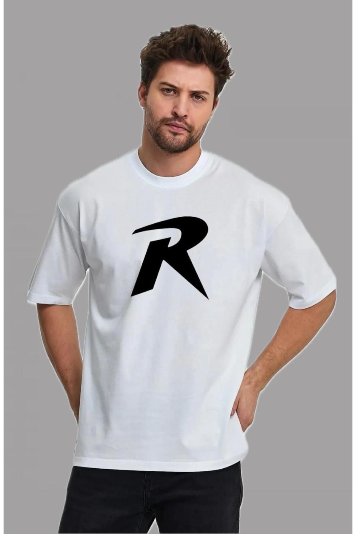 woonkey UNISEX OVERSİZE R BASKILI BİSİKLET YAKA TİŞÖRT RAHAT KALIP YENİ SEZON