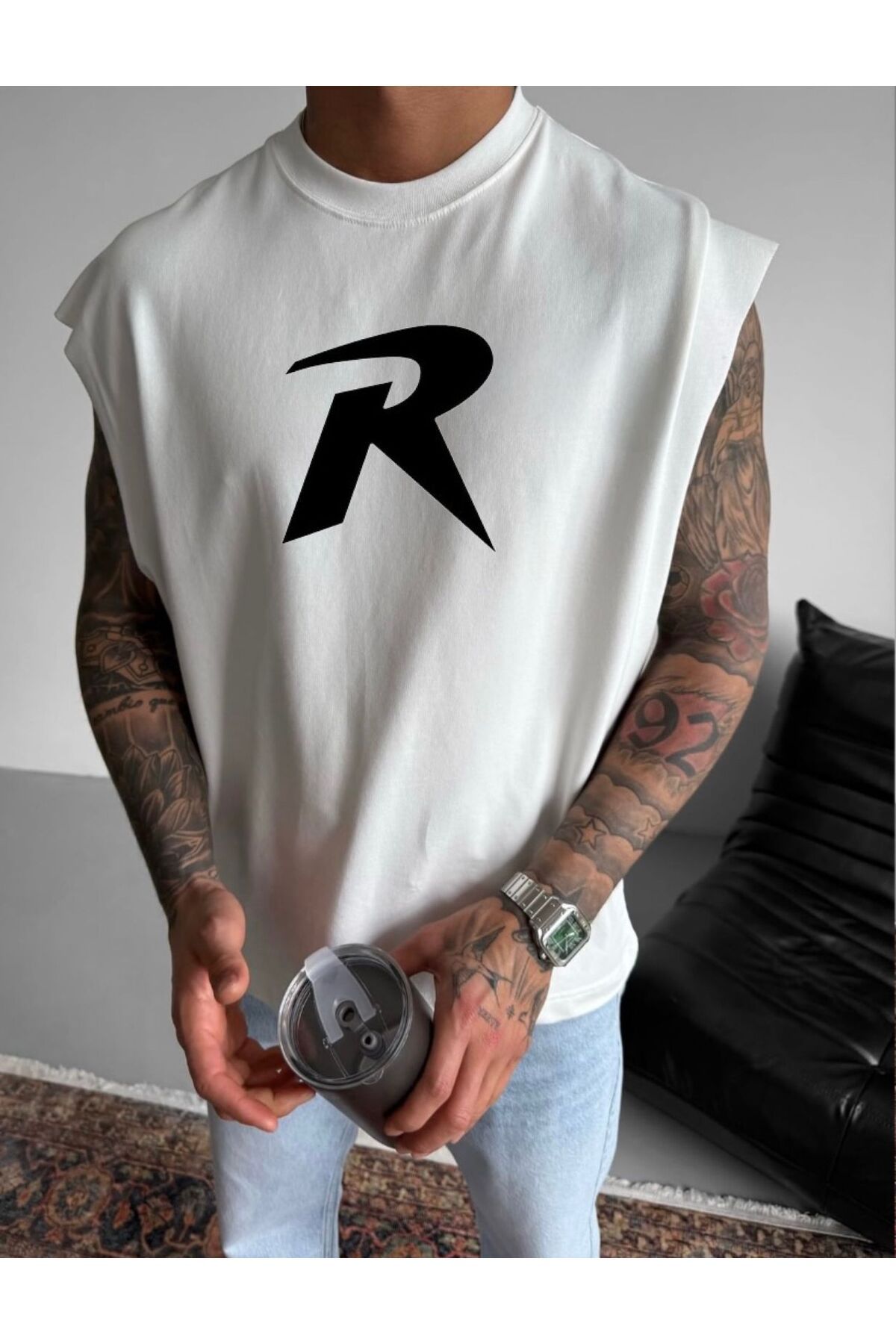 woonkey UNISEX OVERSİZE R BASKILI KOLSUZ BİSİKLET YAKA T-SHIRT