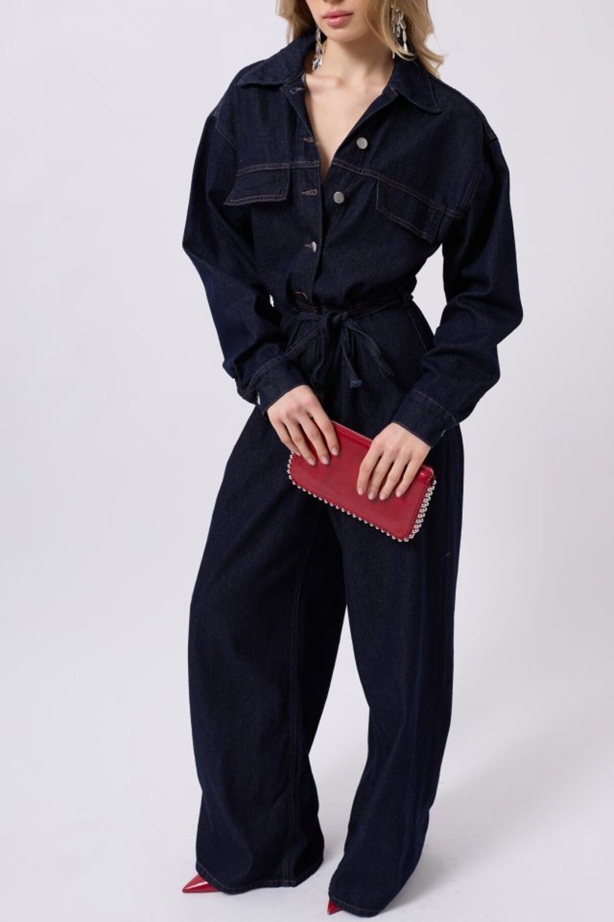 Femella Women Fashion Düğme Detaylı Denim Tulum
