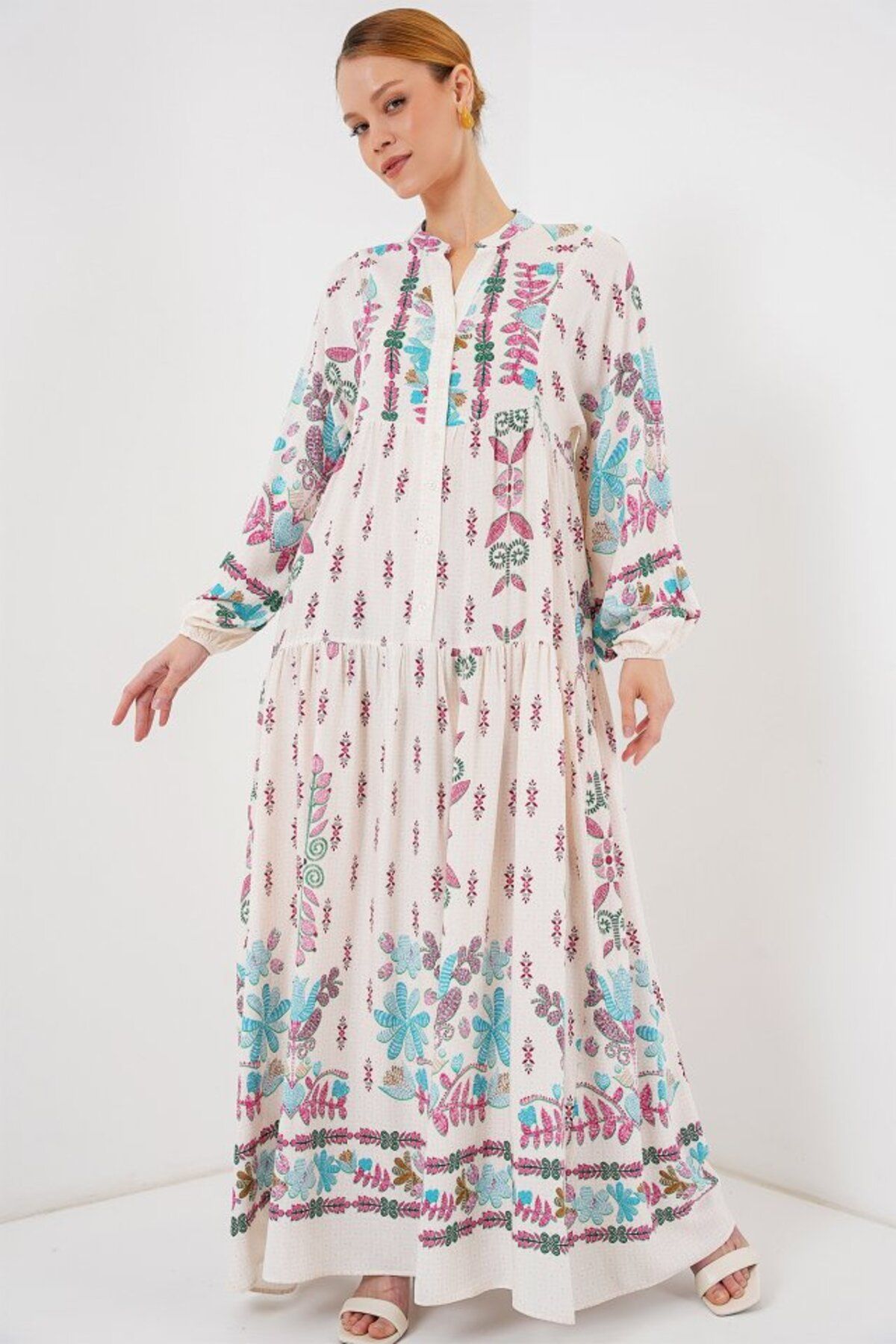 novafems 2423 Otantik Desenli Tesettür Elbise - B.Pembe