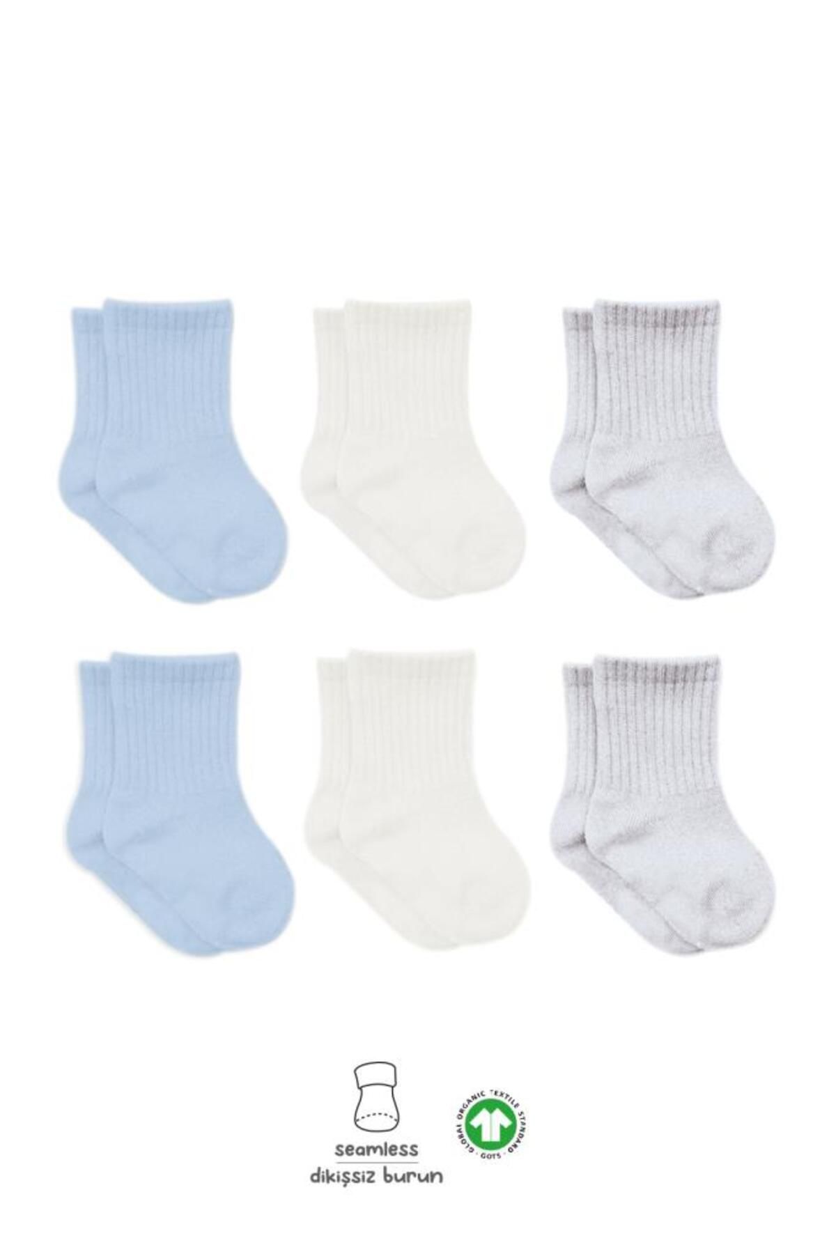 MR RZN STORE Bistyle Basic Penye Soket Çorap 6'Lı BS10101B Mavi Ekru Gri