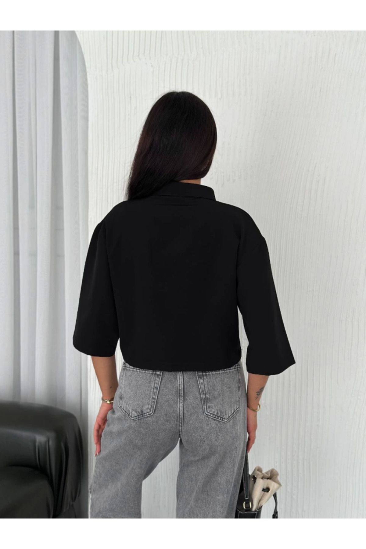 Albayrak Crop Yakalı Gömlek Üç Çeyrek Sleeve Kol - Siyah