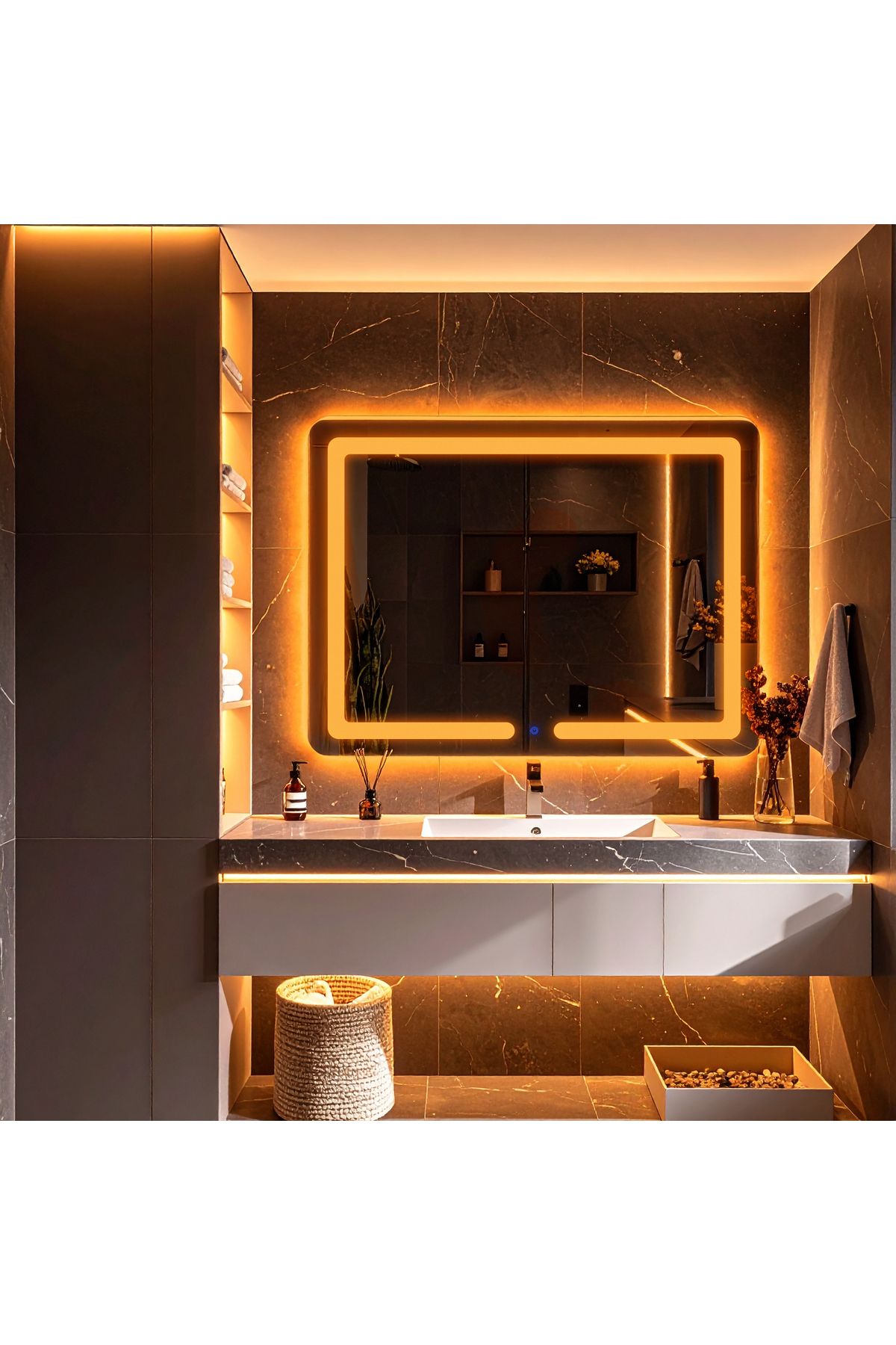 lumora mirror design Linea Amber Led'li Kumlamalı Lavabo & Banyo Aynası (Dokunmatik Sensörlü)