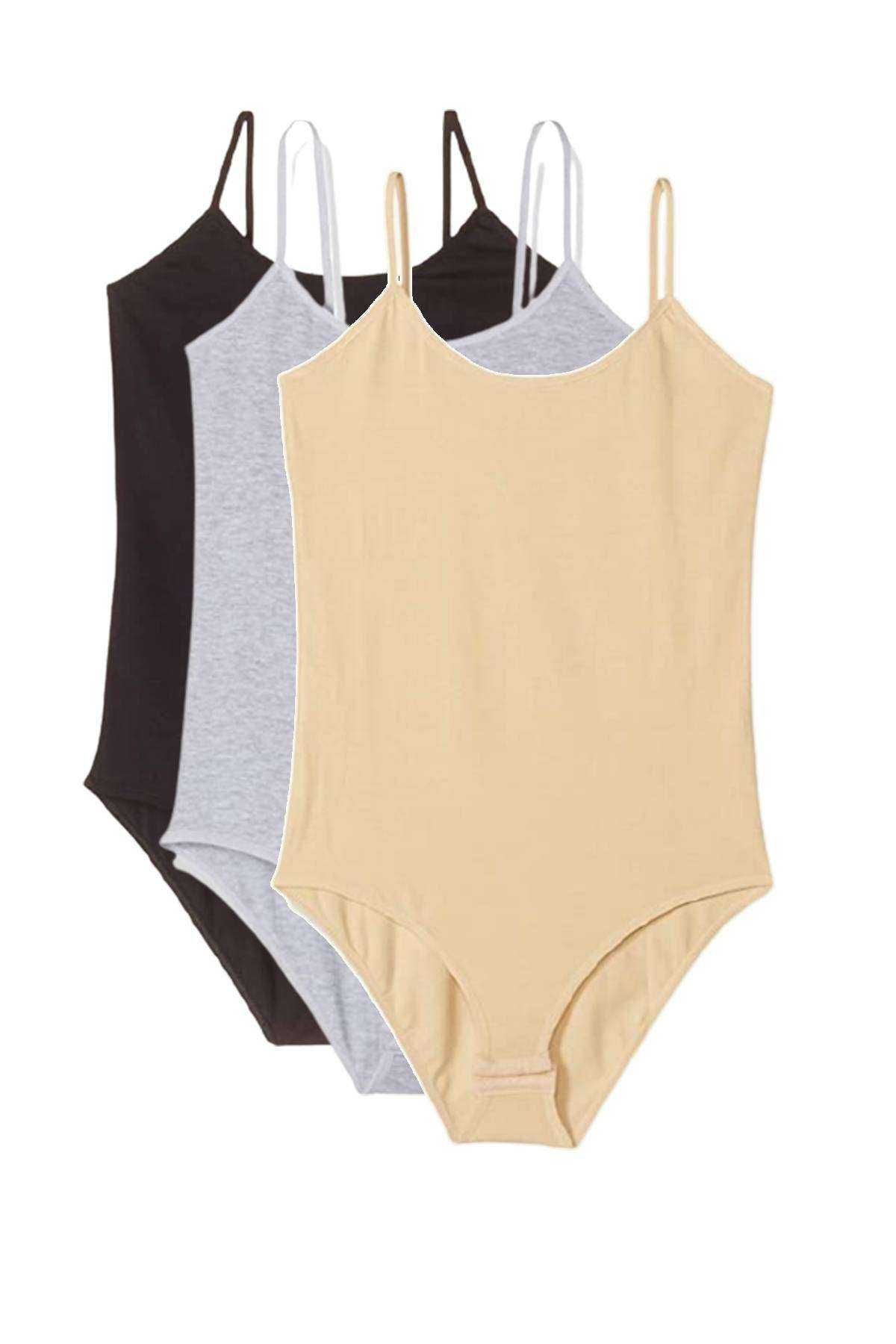 Shop58 3 Adet İp Askılı Kadın Çıtçıtlı Body Siyah Gri Ten