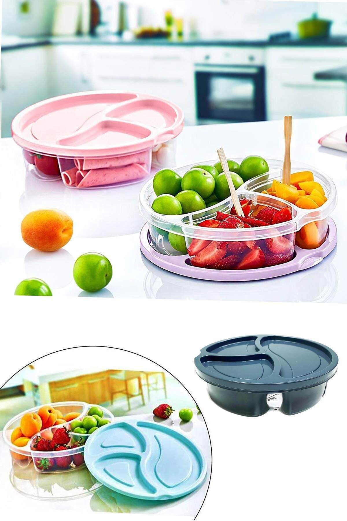 Shop58 Diyet Saklama Kabı 3 Bölmeli Pratik Yuvarlak Beslenme Kahvaltı Kabı Koyu Gri