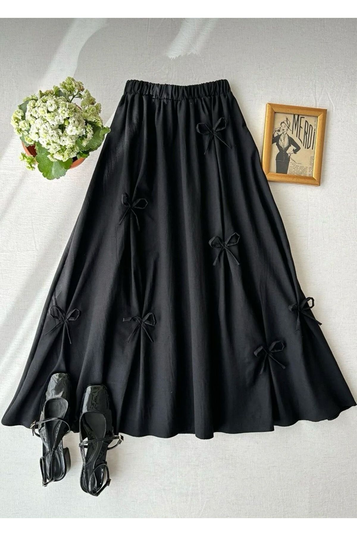 Kurtayfashion Kadın beli lastikli fiyonk detaylı etek