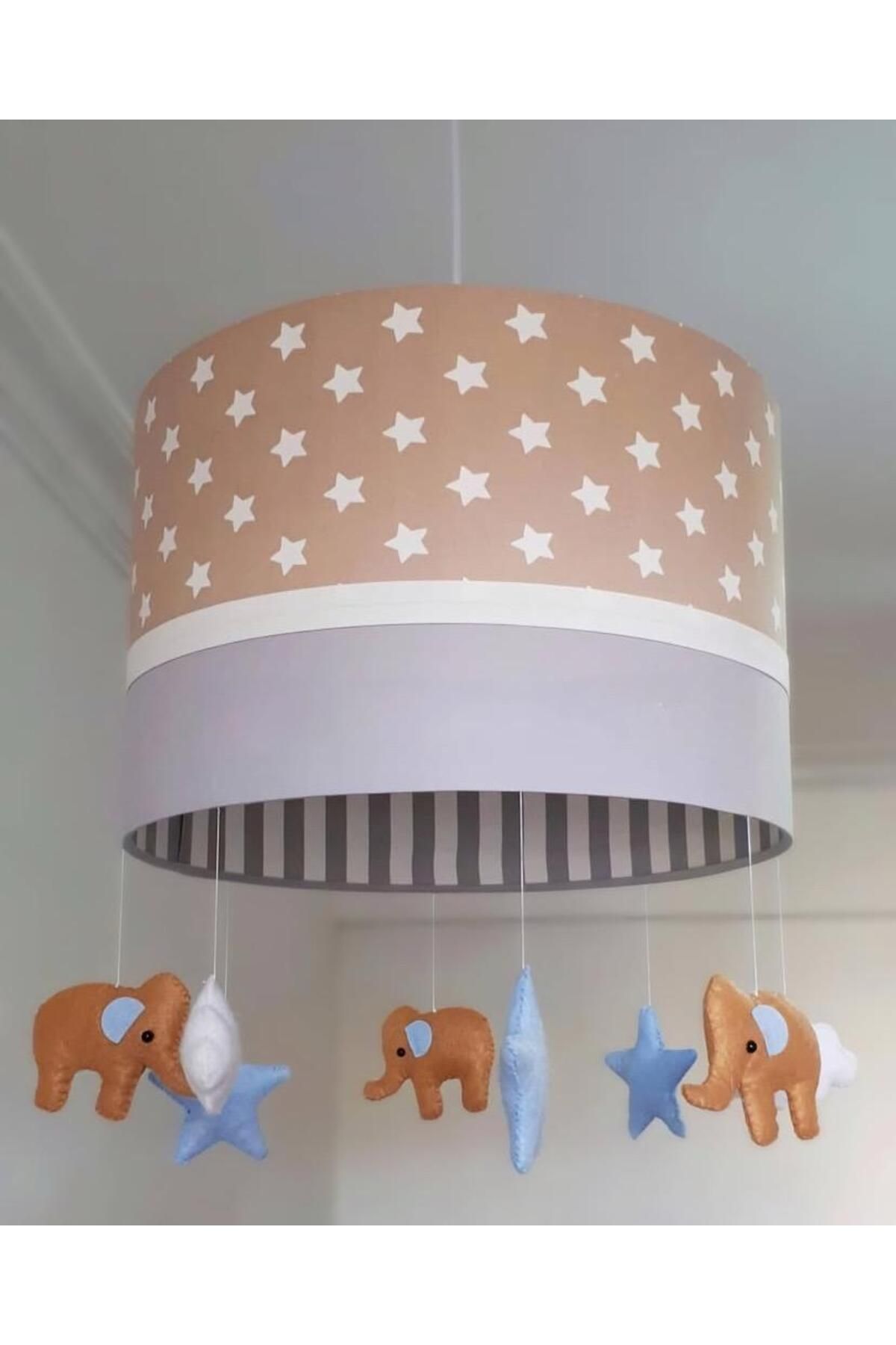 Leobabyroom Kahve Yıldız Desenli Gri Beyaz Çizgi Kaplama Fil Yıldız Bulut Figürlü Bebek/Çocuk Odası Aydınlatma