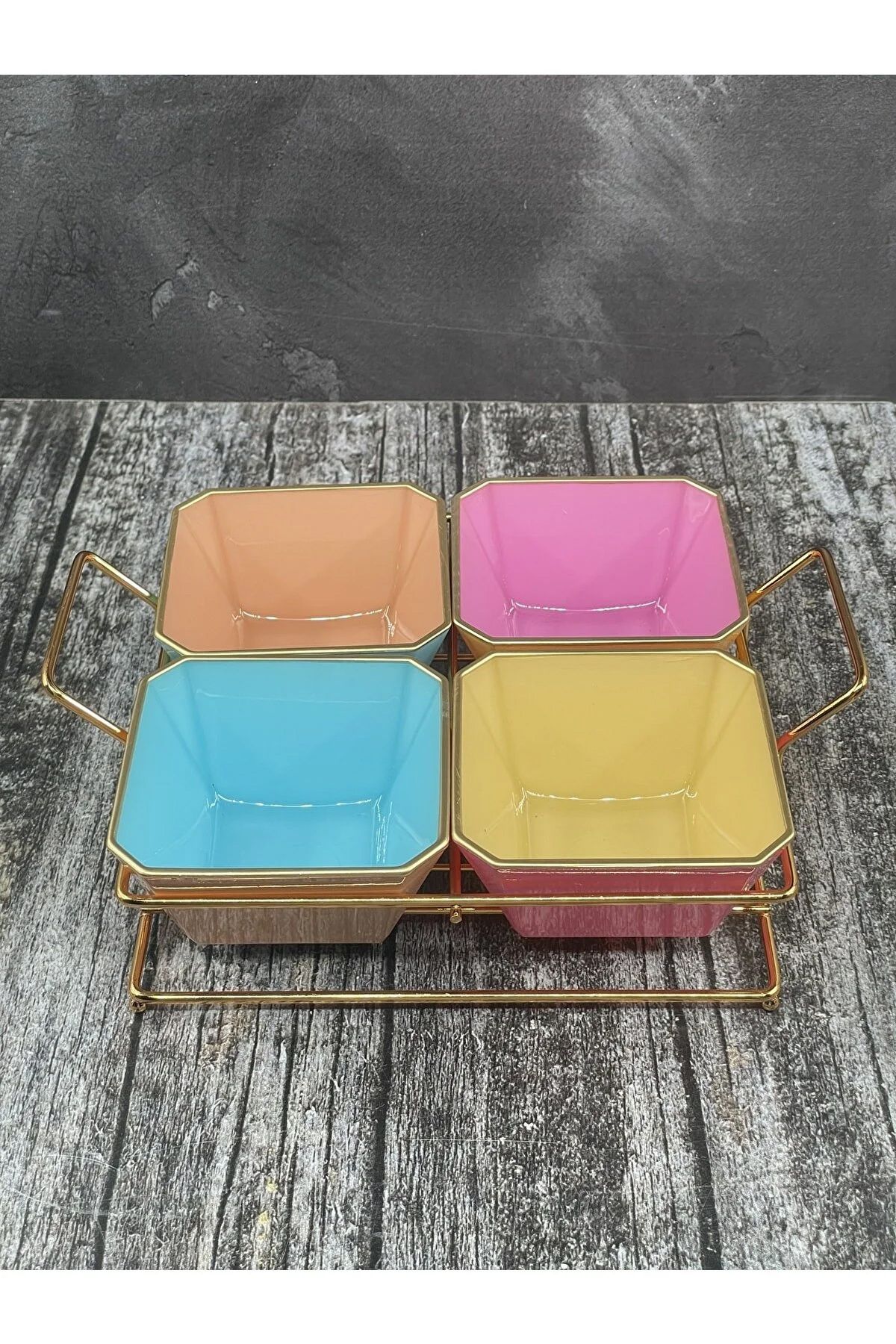 Shop58 4 Bölmeli Gold Standlı Cam Kahvaltılık Çerezlik Sunumluk Renkli