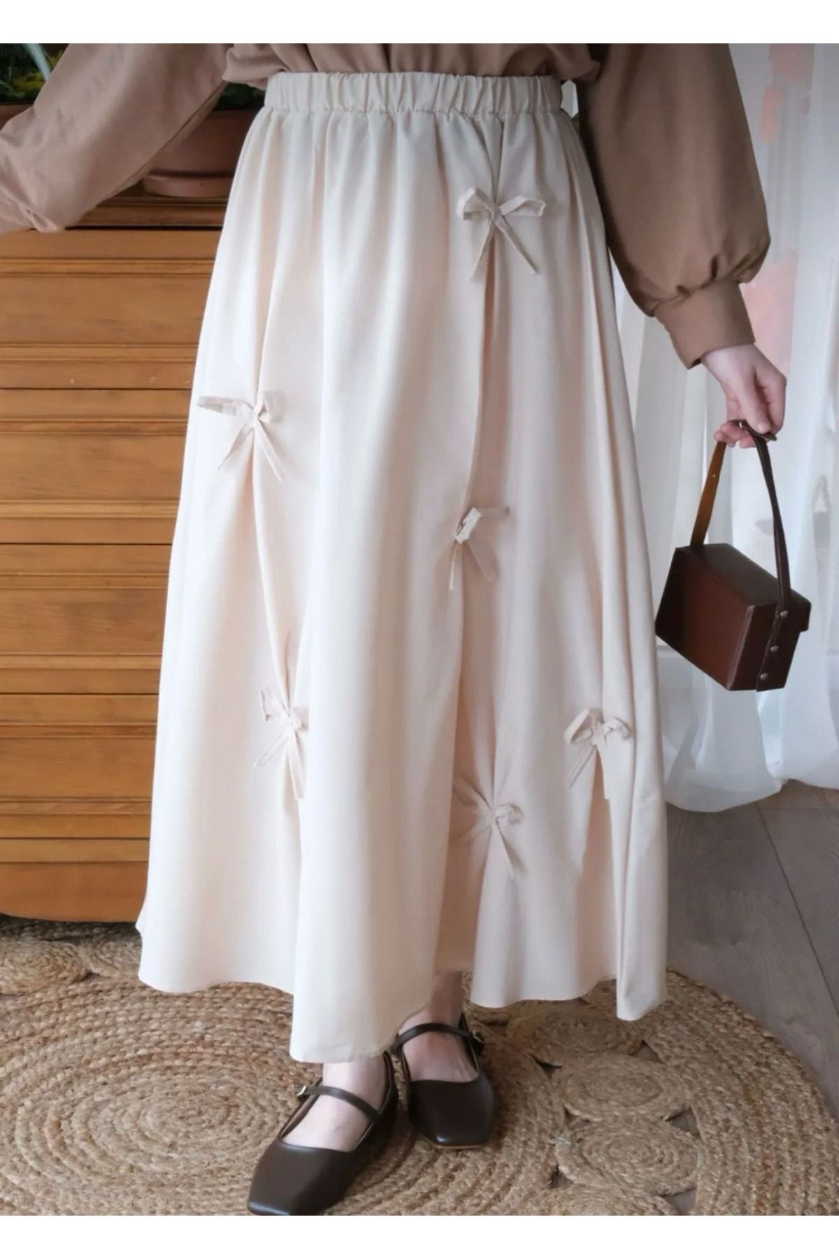Kurtayfashion Kadın beli lastikli fiyonk detaylı etek