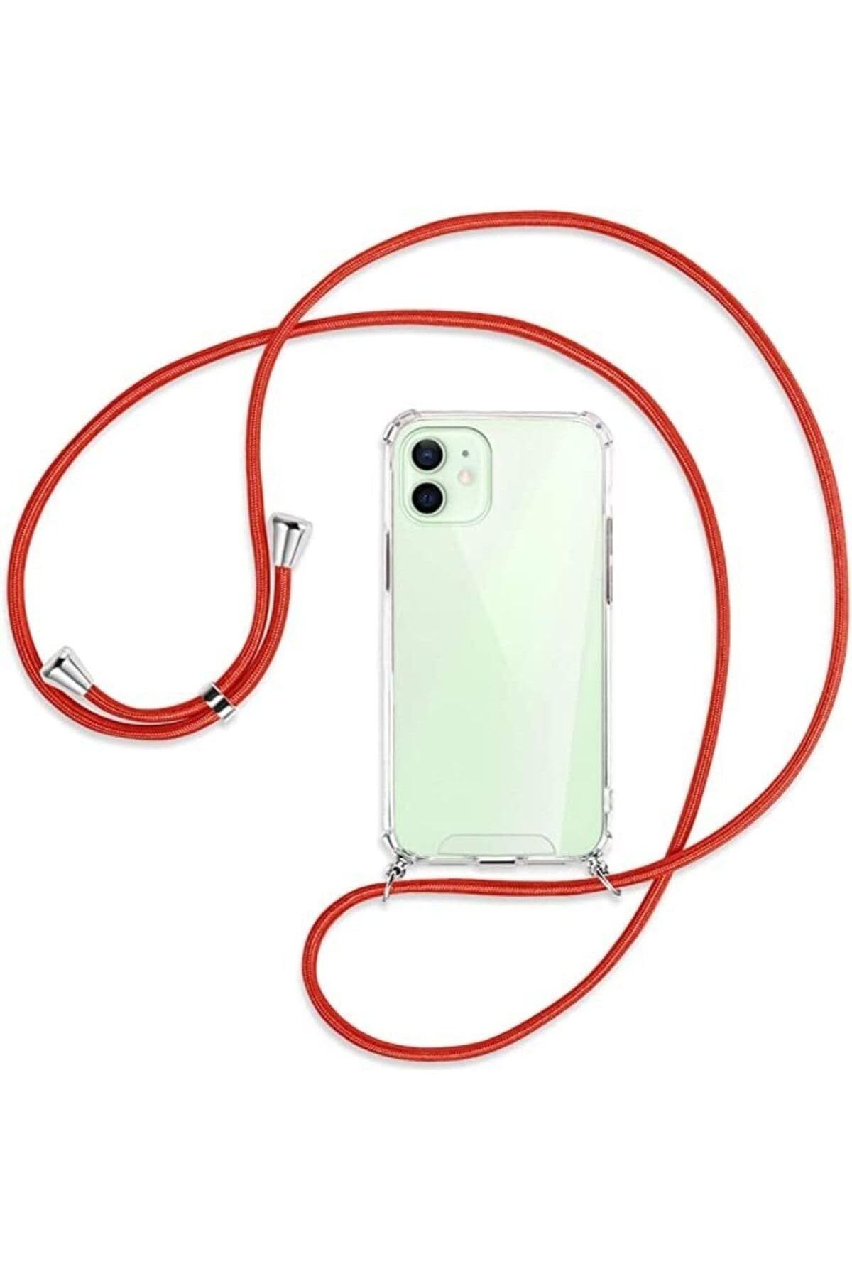 ÇAĞUR İphone 12 Uyumlu Kılıf Boyun Omuz Askılı Ipli Anti Şok Köşe Korumalı Şeffaf Siliko