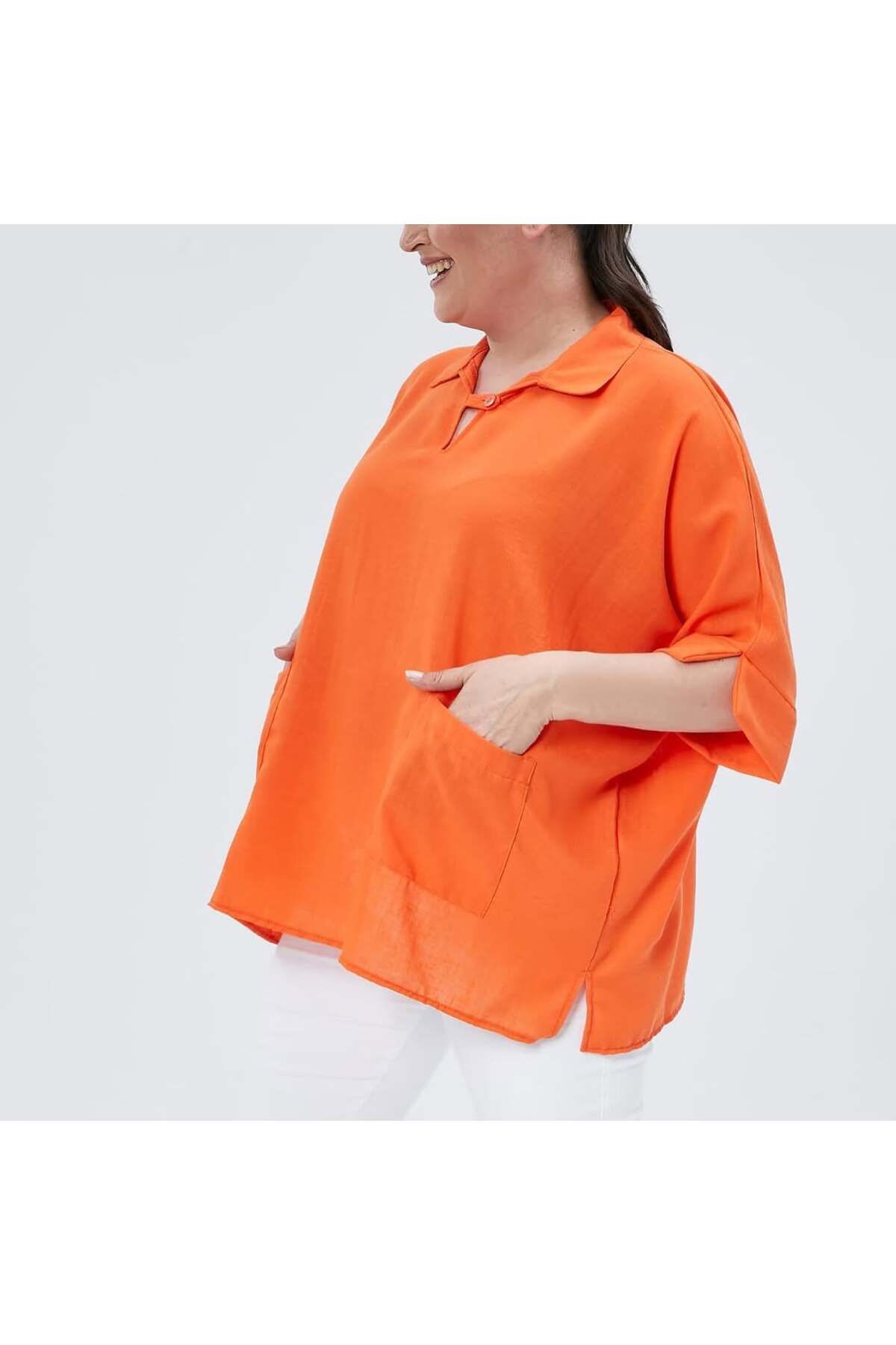 CAFCAF Sel Vera Butik – Turuncu Oversize Cep Detaylı Büyük Beden Bluz