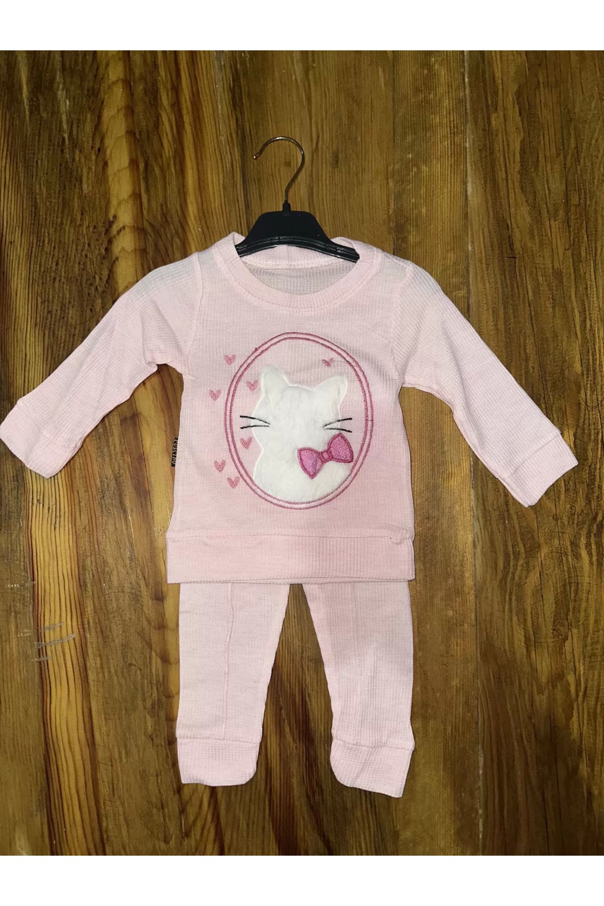 Shop58 3-12 aylık kedi desen işlemeli takım pembe