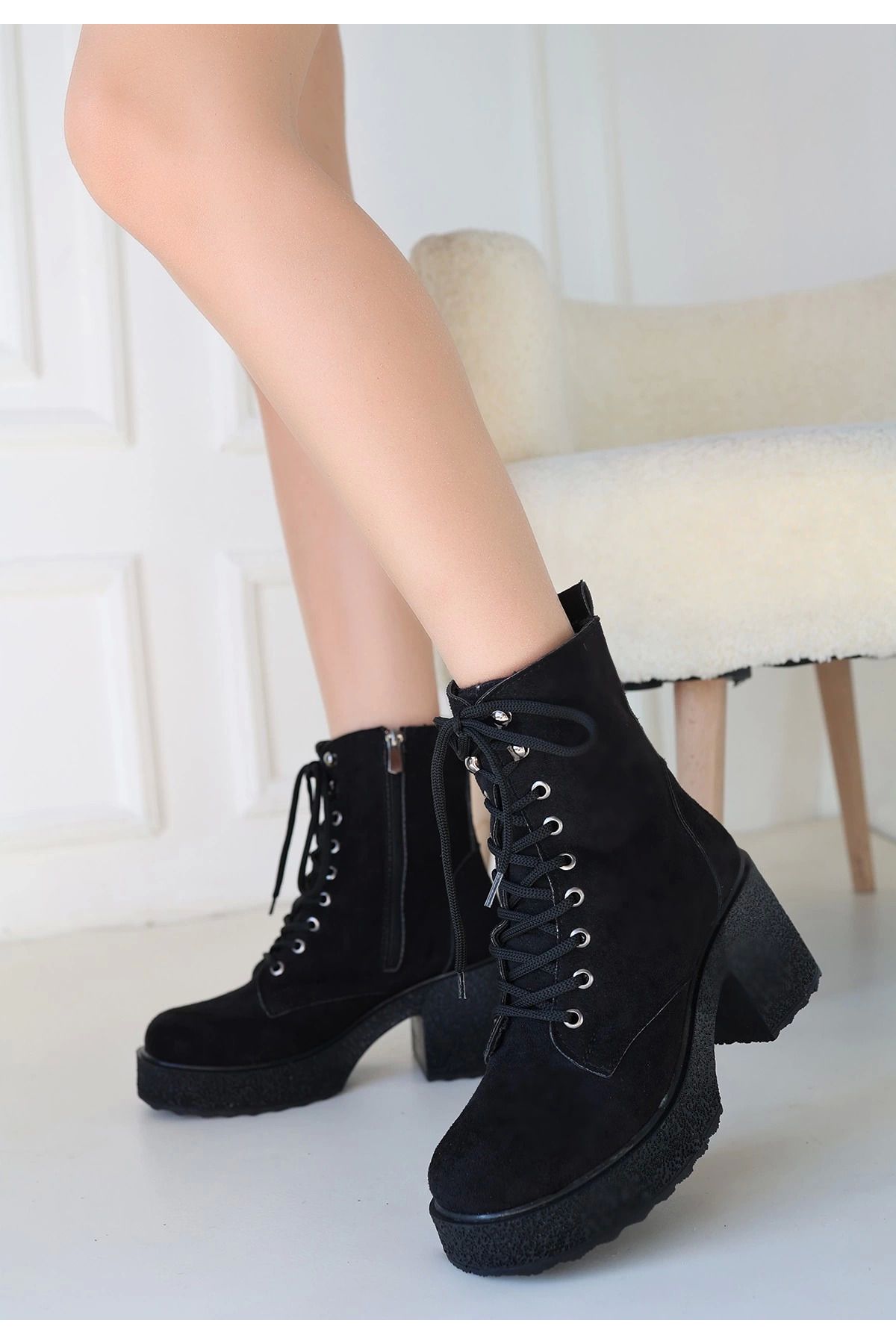 Shop58 Emilla Siyah Süet Bağcıklı Bot