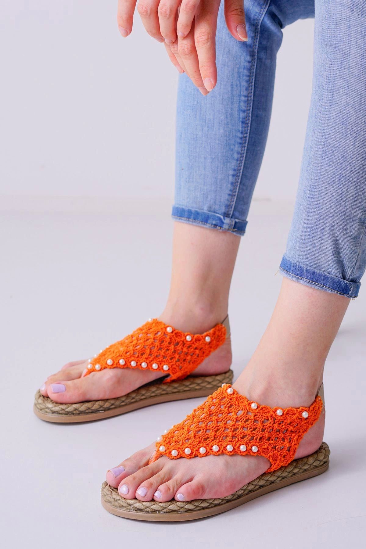 Shop58 Mayya Turuncu Örgülü Sandalet