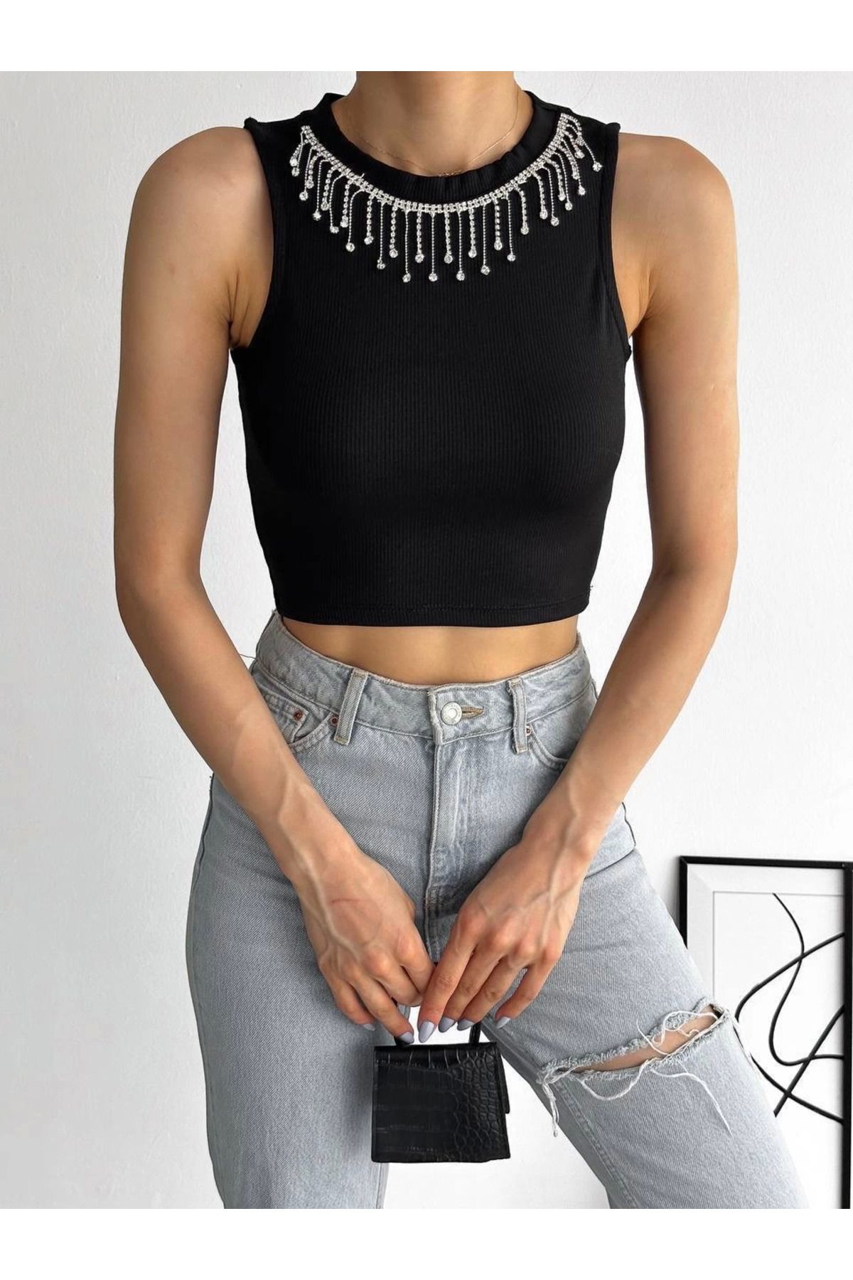 Shop58 fitilli kaşkorse yakası zincirli atlet siyah