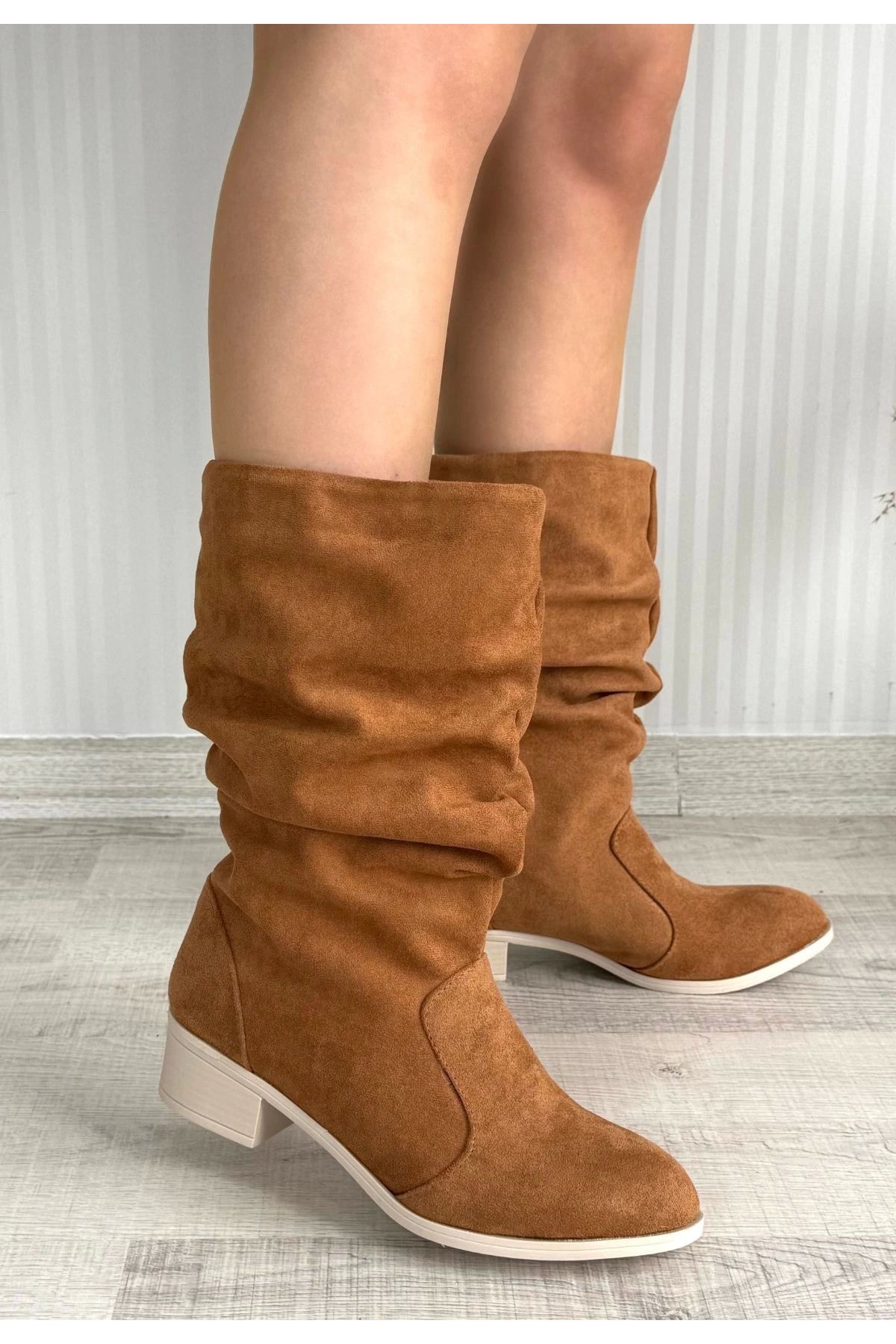 Shop58 Jolin Taba Süet Topuklu Çizme