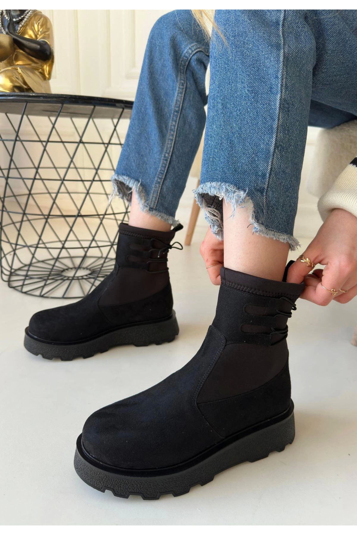 Shop58 Jety Siyah Süet Bilekten Bağcıklı Bot