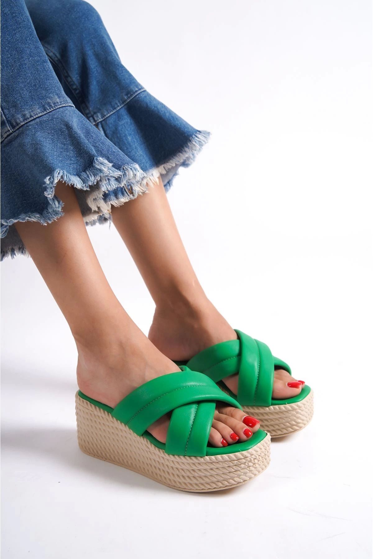 Shop58 Merky Yeşil Cilt Dolgu Topuk Terlik