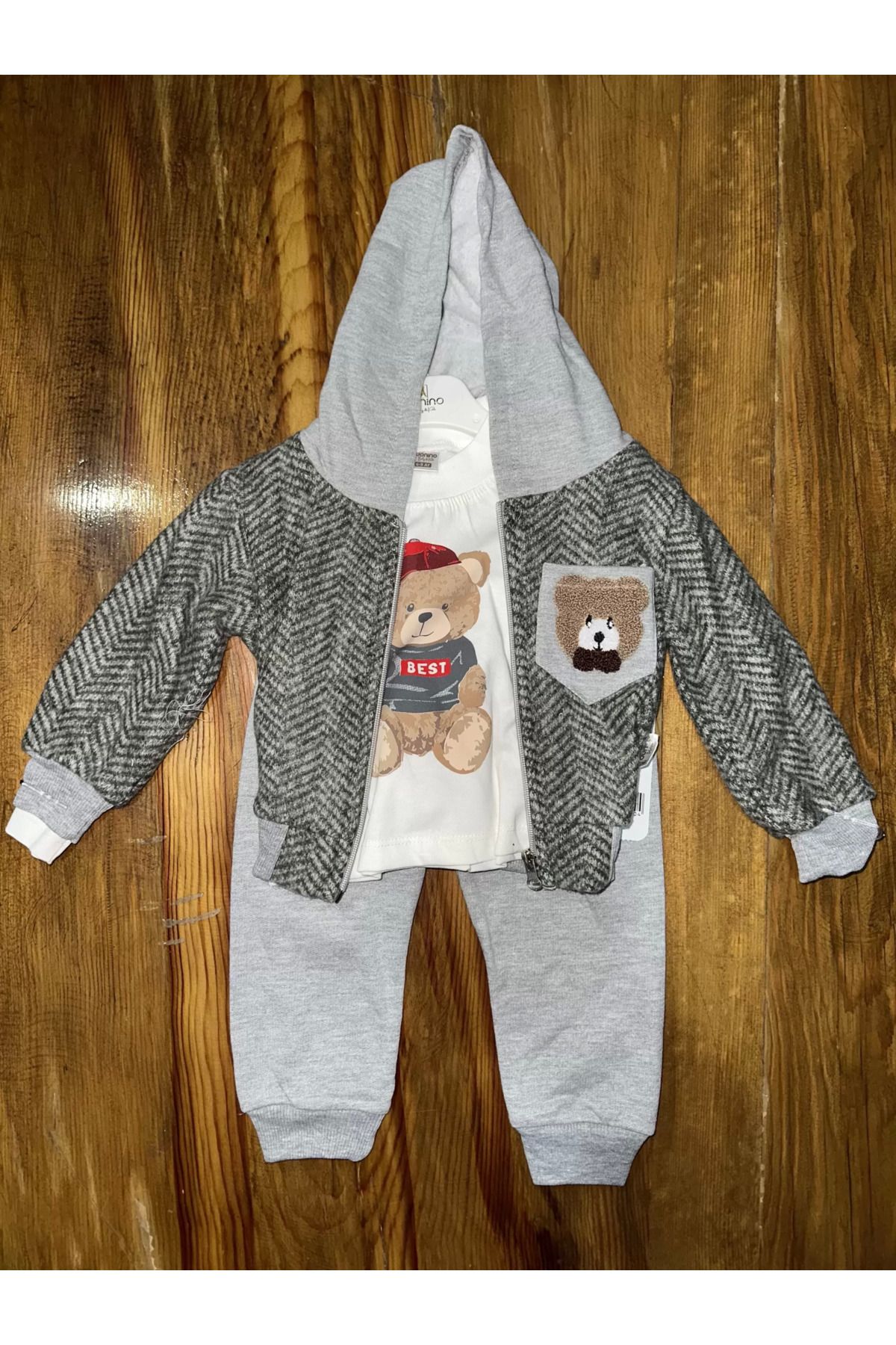 Shop58 6-24 aylık ceketli kapşonlu üçlü takım gribeyaz