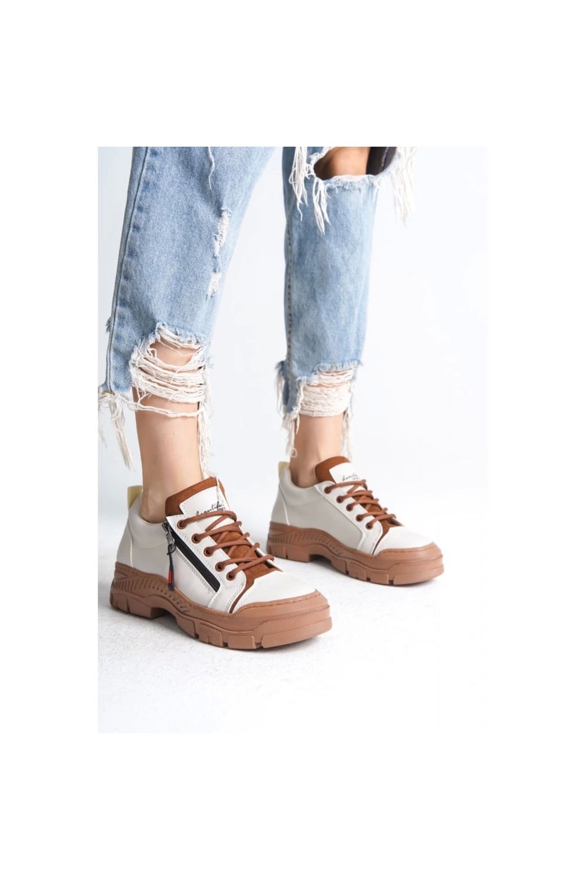 Shop58 Elwa Bej Cilt Taba Tabanlı Bağcıklı Spor Ayakkabı