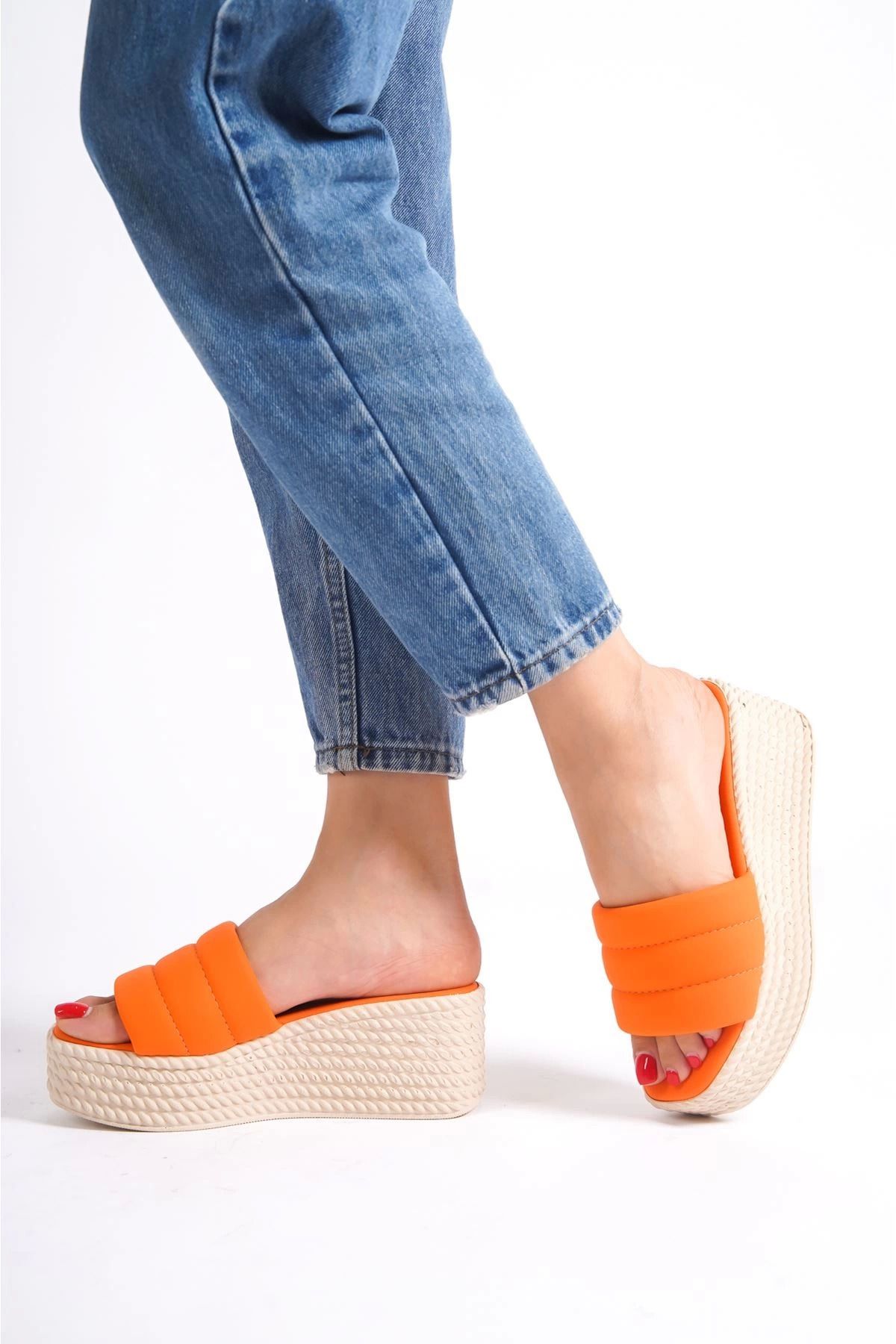 Shop58 Mendal Turuncu Cilt Dolgu Topuk Terlik