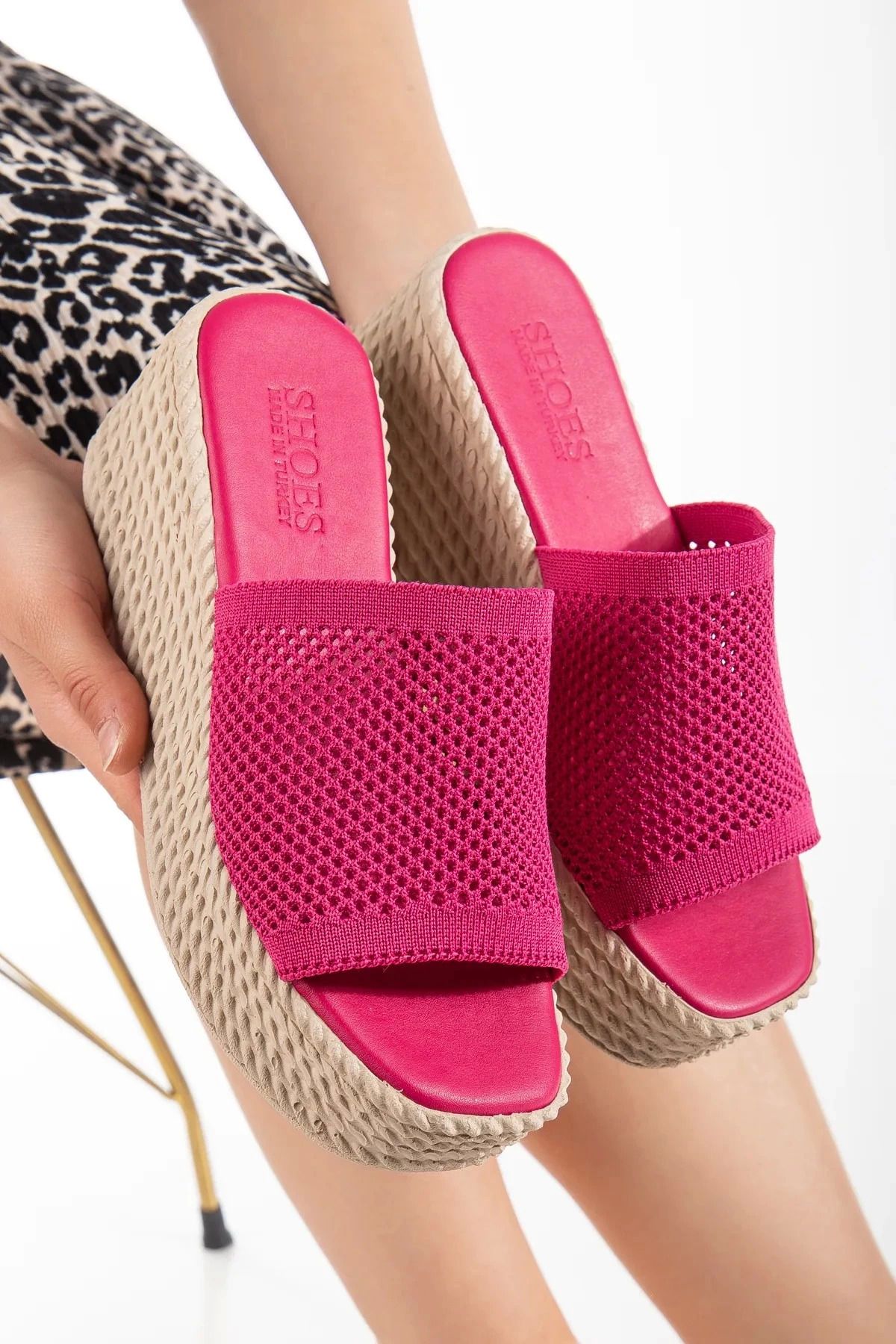 Shop58 Tiona Fuşya Triko Dolgu Topuk Terlik