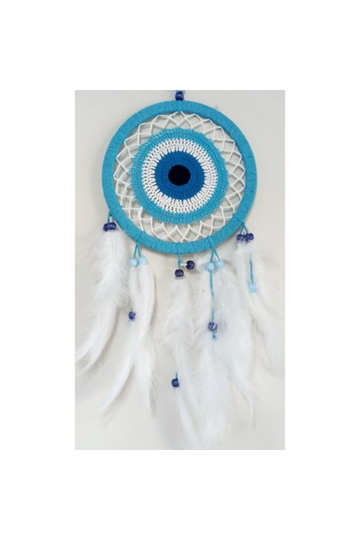 Shop58 Nazar Boncuğu Motifli Turkuaz Rengi Dream Catcher Beyaz Kuş Tüylü Düş Kapanı Duvar Süsü