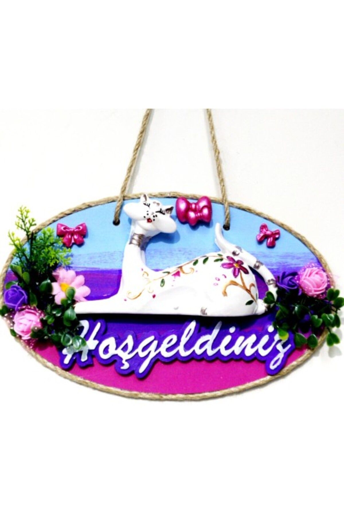 Shop58 Kedi Figürlü Hoşgeldiniz Yazılı El Boyaması Renkli Kapı Süsü