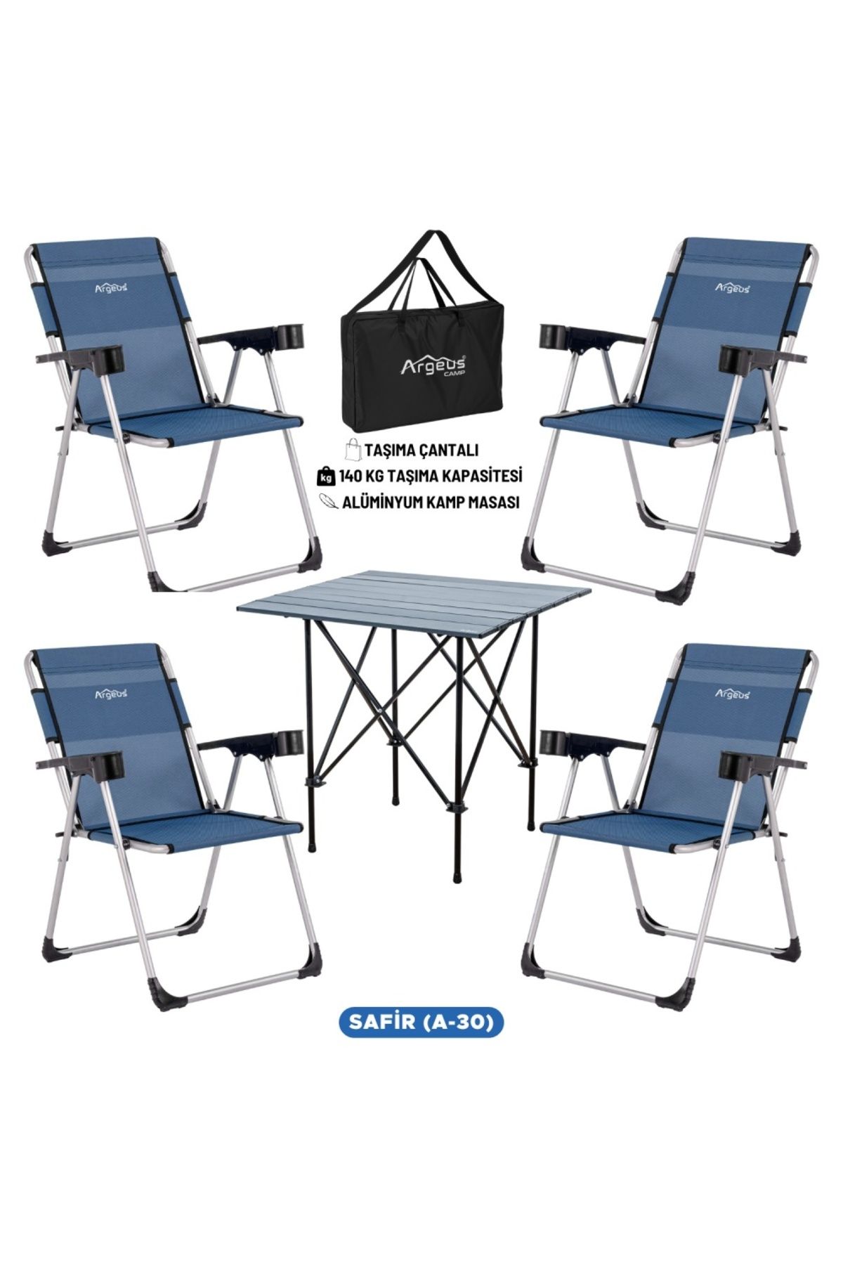 AtikCamp 4 Adet Katlanır Kamp Sandalyesi ve Alüminyum Masa Seti - Rock Dark - Safir - Taşıma Çantalı