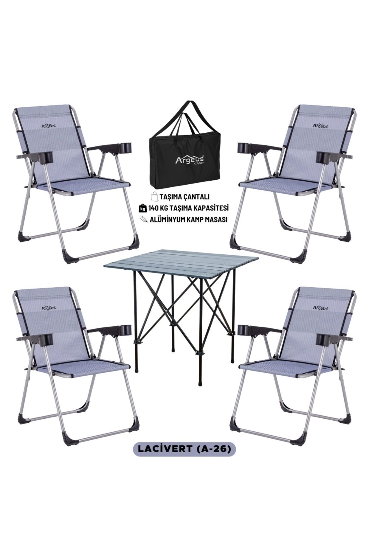 AtikCamp 4 Adet Katlanır Kamp Sandalyesi ve Alüminyum Masa Seti - Rock Dark - Lacivert - Taşıma Çantalı