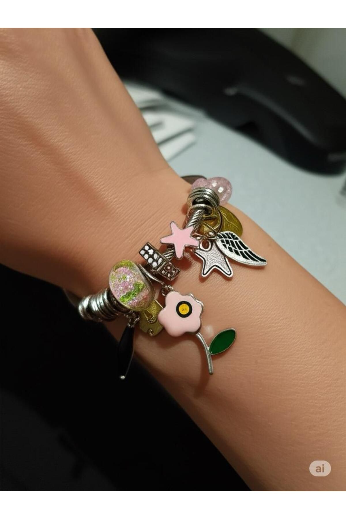 magische Yıldızlı çiçekli taşlı charm Pndr bileklik hediyelik silver (gümüş)