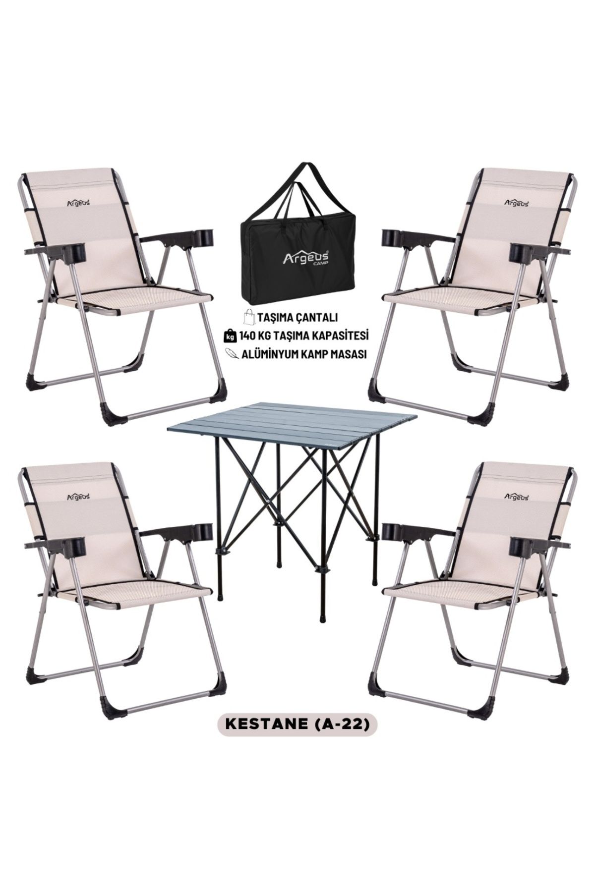 AtikCamp 4 Adet Katlanır Kamp Sandalyesi ve Alüminyum Masa Seti - Rock Dark - Kestane - Taşıma Çantalı