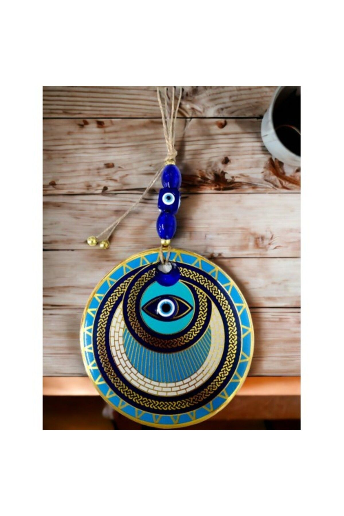Shop58 Altın İşlemeli Halka Model Nazar Boncuk Gözlü Duvar Süsü Zincir Duvar Dekoru