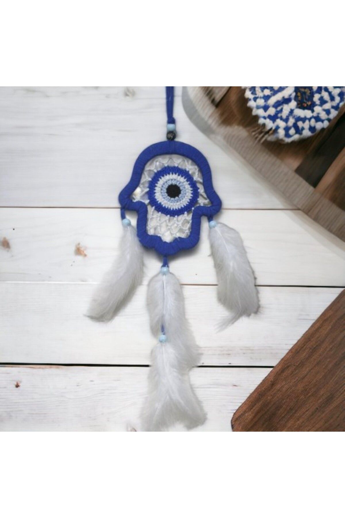 Shop58 Nazar Boncuğu Motifli Mavi Fatma Ana Eli Duvar Süsü El İşçiliği Duvar Dekoru