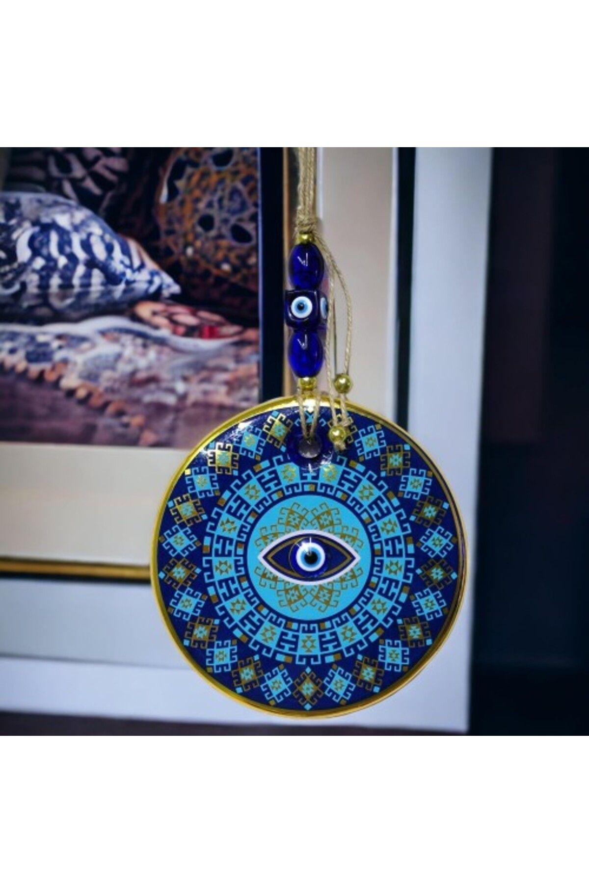 Shop58 Yaldızlı Turkuaz Renkli Göz Modelli Nazar Boncuklu Duvar Süsü Cam Duvar Dekoru