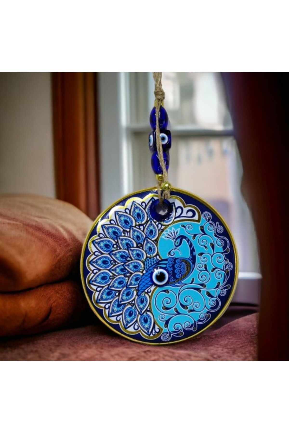 Shop58 Yaldızlı Nazar Boncuklu Tavus Kuşu Duvar Süsü Cam Duvar Dekoru