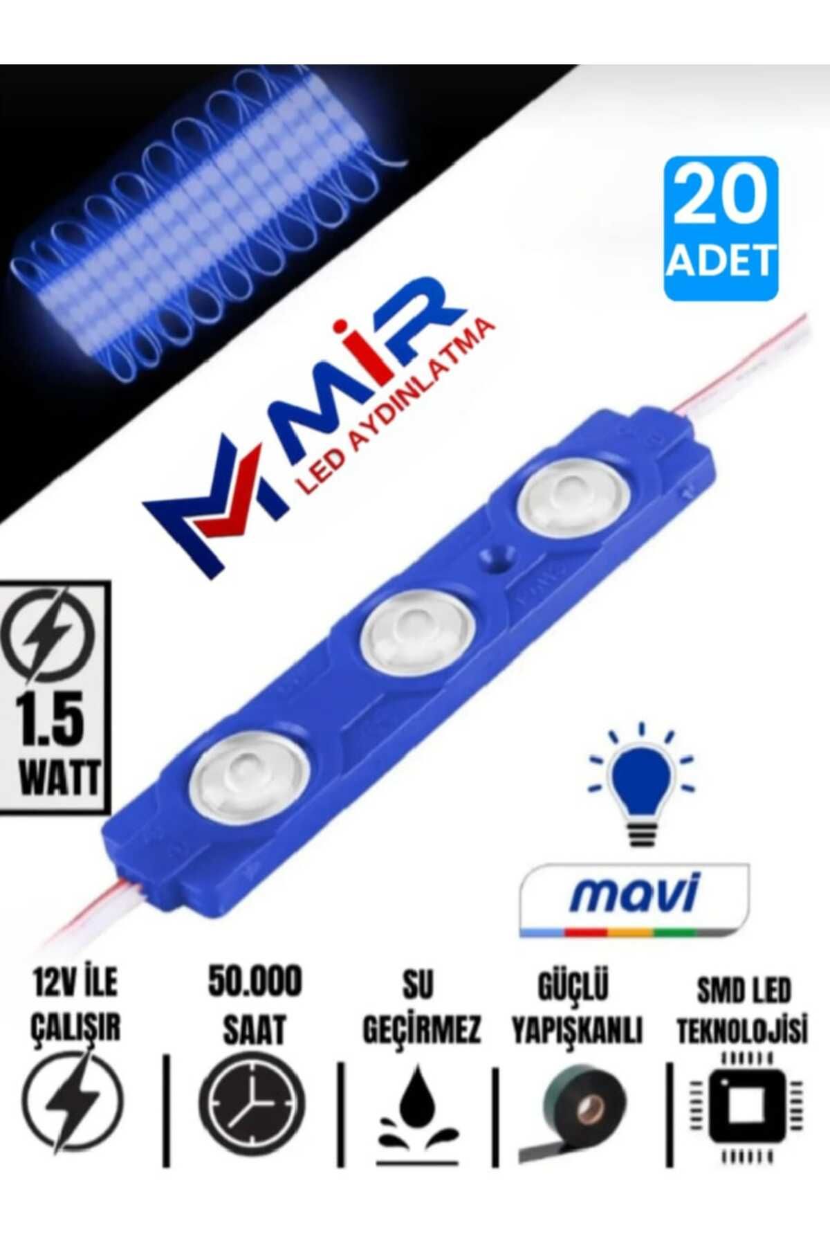 MİRLED AYDINLATMA MİRLED 3 Ledli Parmak Led Modül 1.5w 2835 Smd Mercekli 12v Led Mavi Renk 20-adet